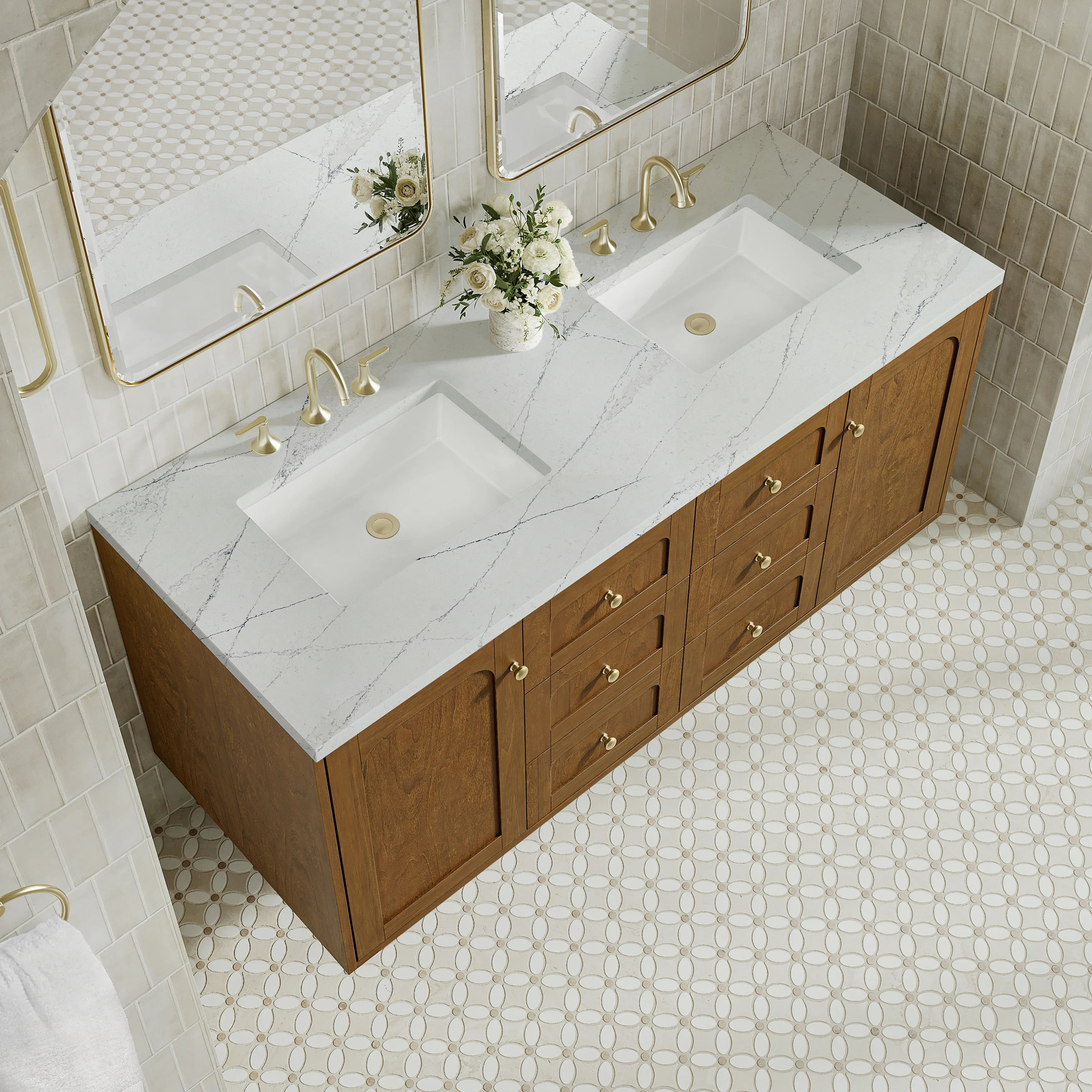 Laurent 60" Double Vanity, Honey Oak w/ 3 CM Ethereal Noctis Silestone Top