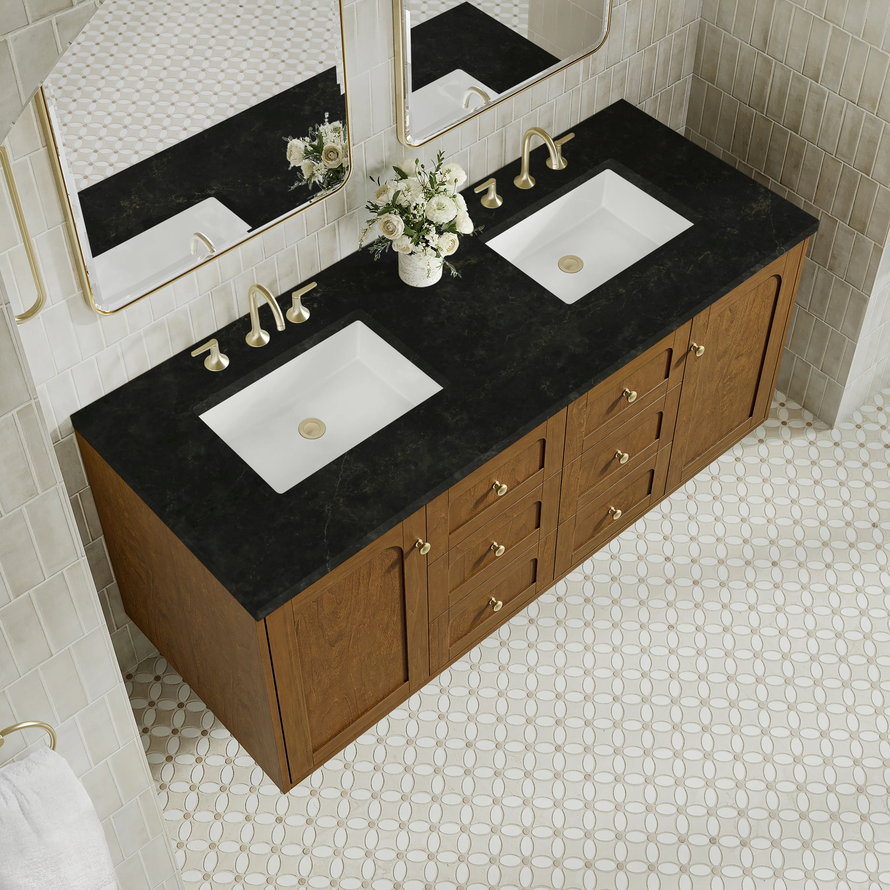 Laurent 60" Double Vanity, Honey Oak w/ 3 CM Phantome Eclos Top