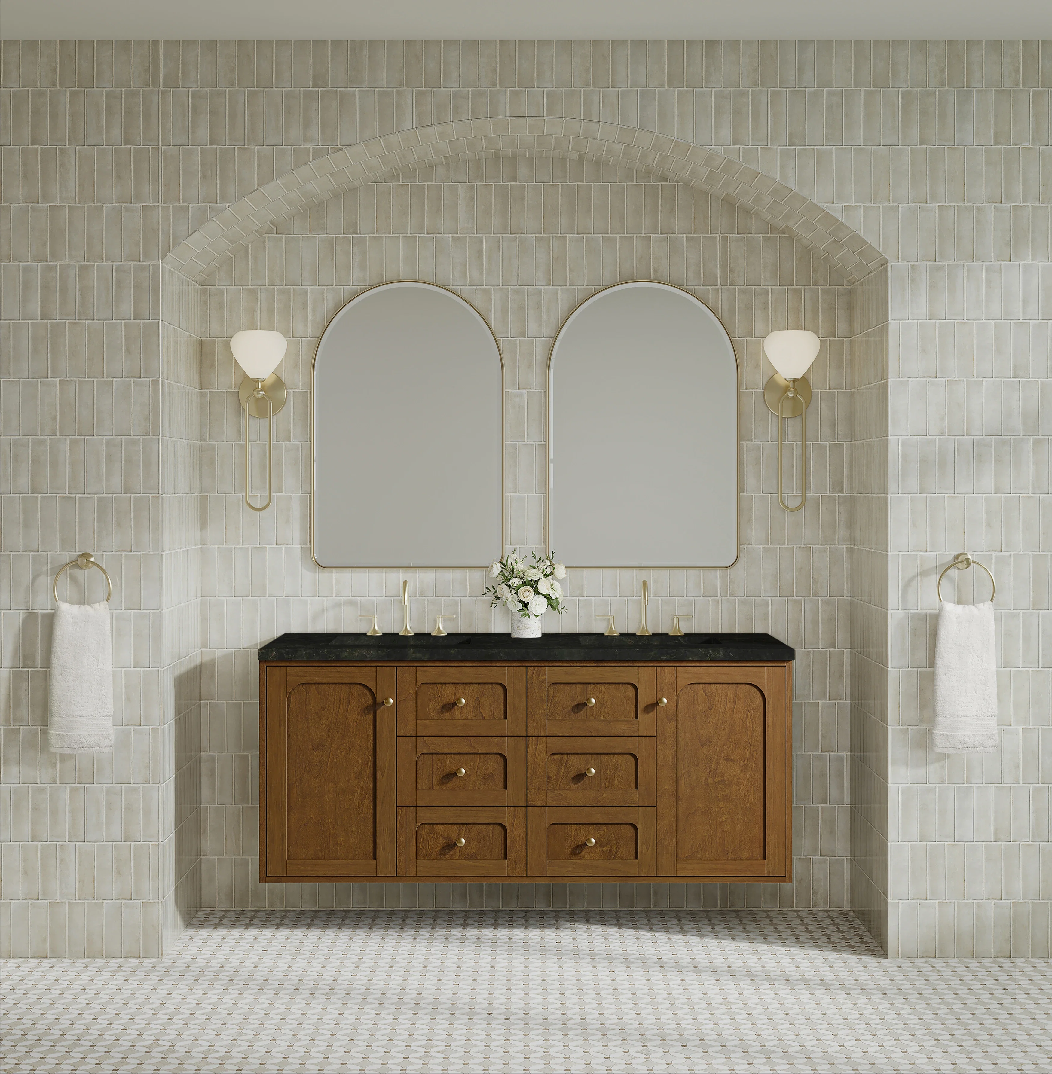 Laurent 60" Double Vanity, Honey Oak w/ 3 CM Phantome Eclos Top