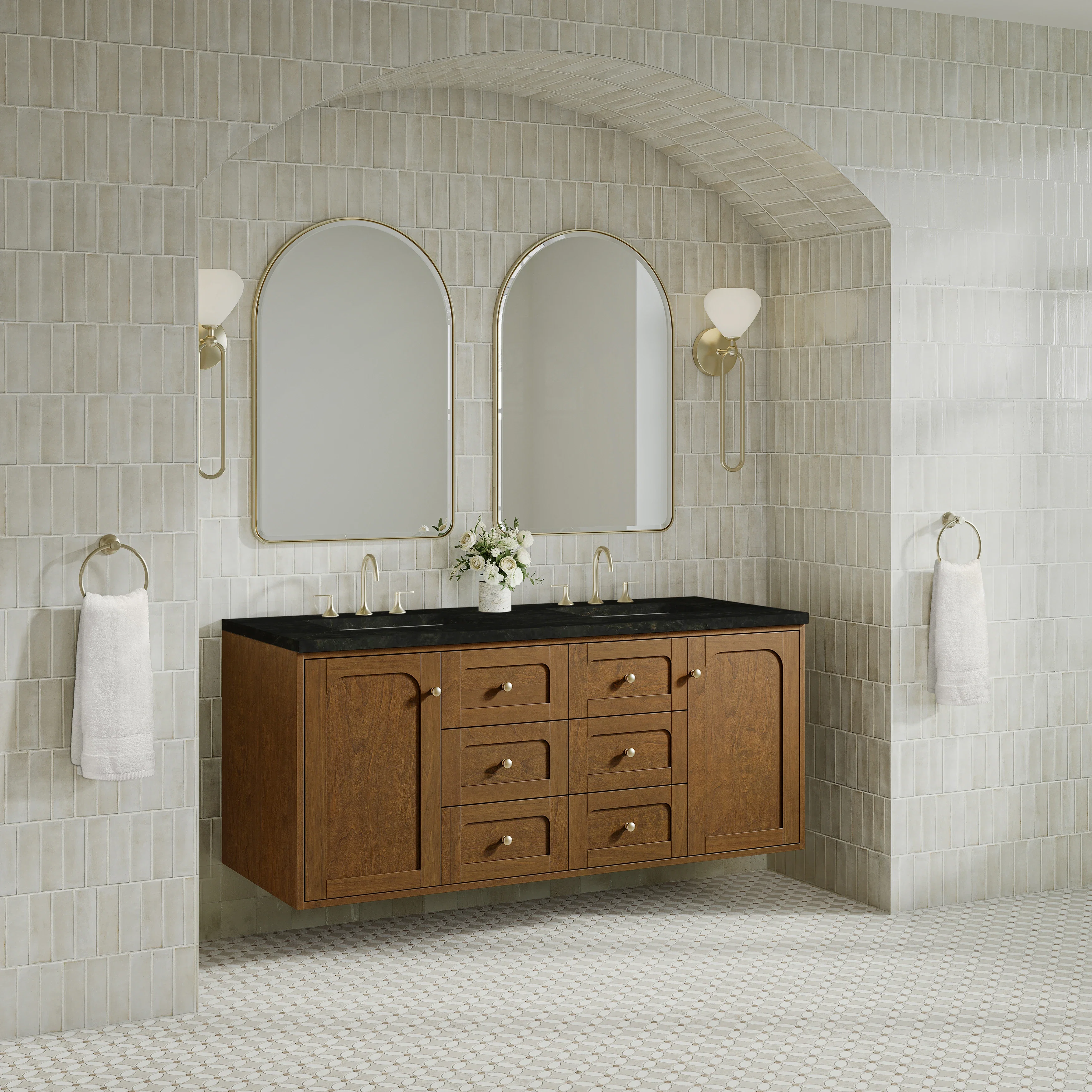 Laurent 60" Double Vanity, Honey Oak w/ 3 CM Phantome Eclos Top