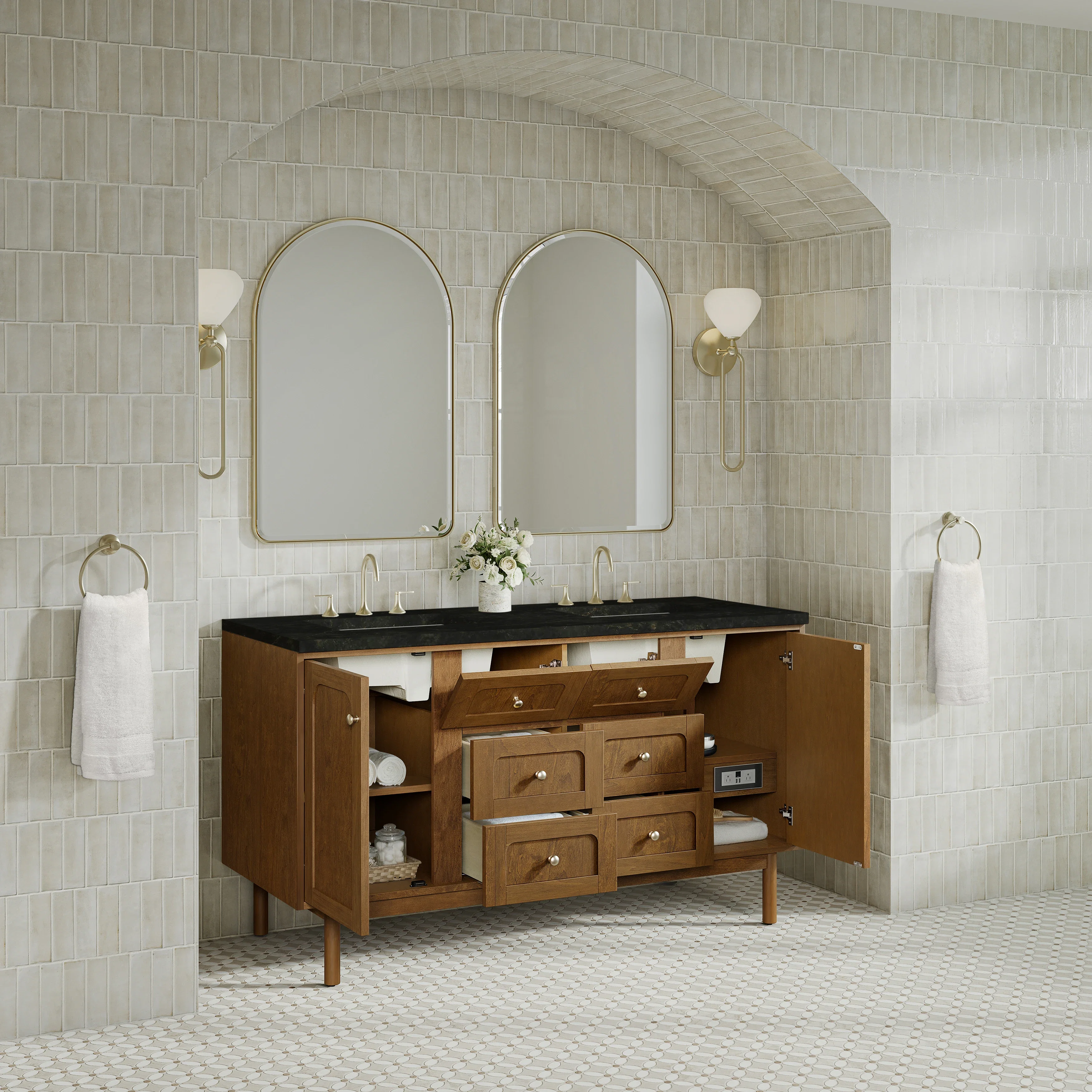 Laurent 60" Double Vanity, Honey Oak w/ 3 CM Phantome Eclos Top