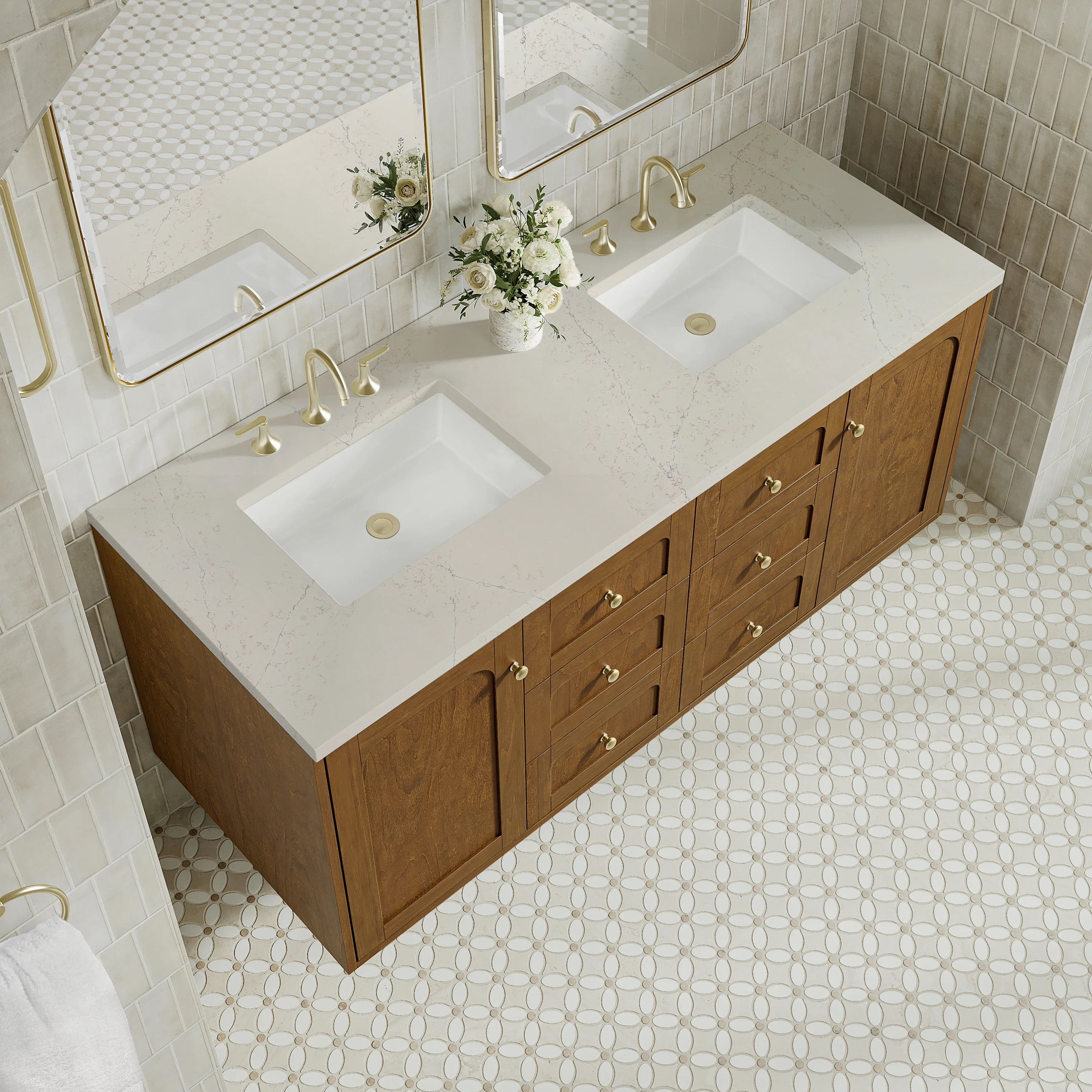 Laurent 60" Double Vanity, Honey Oak w/ 3 CM Siberian Silestone Top
