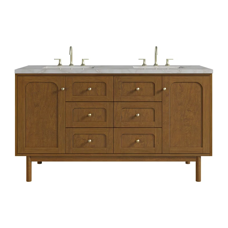 Laurent 60" Double Vanity, Honey Oak w/ 3 CM Victorian Silver Silestone Top