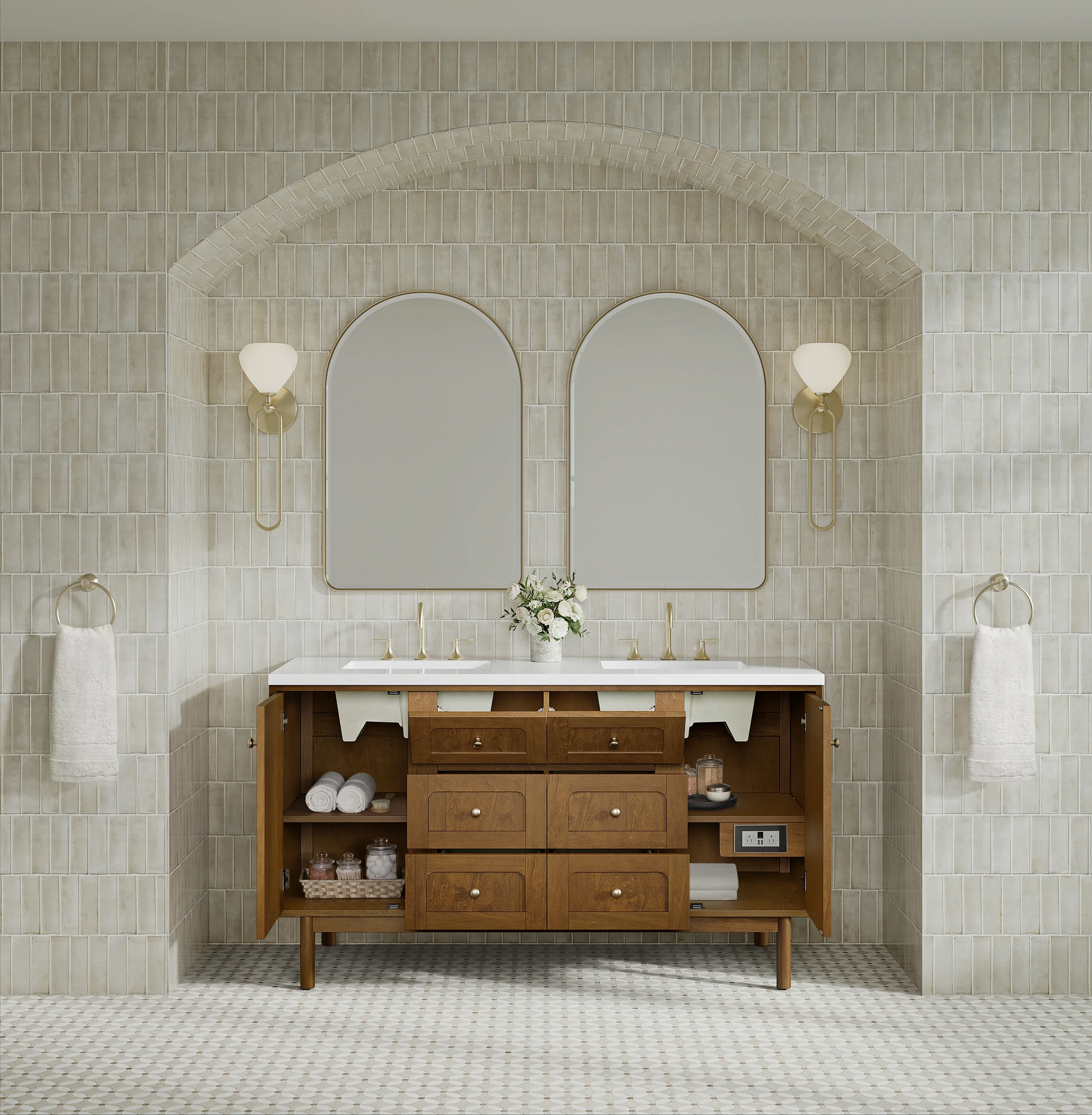 Laurent 60" Double Vanity, Honey Oak w/ 3 CM White Zeus Silestone Top