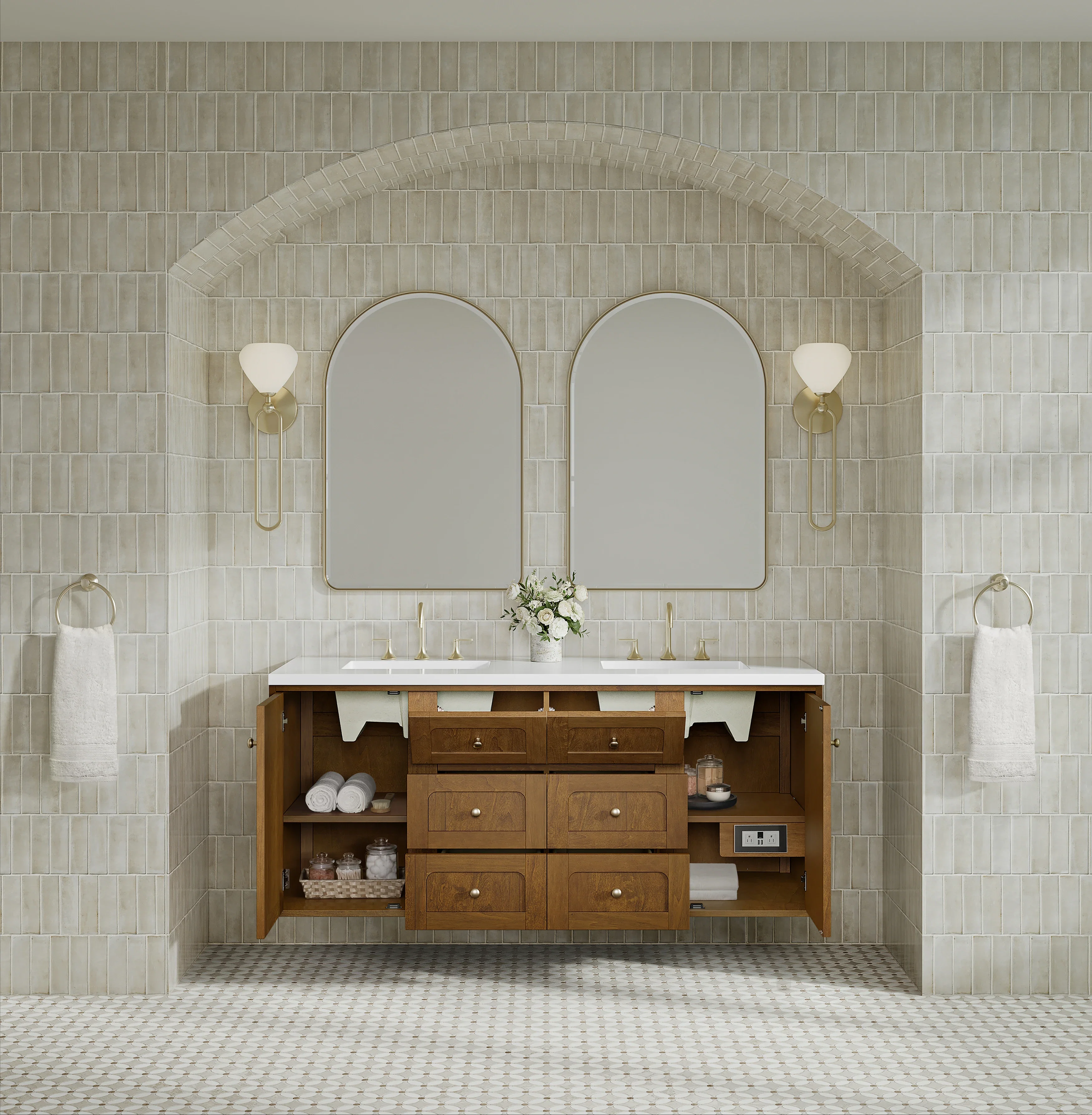 Laurent 60" Double Vanity, Honey Oak w/ 3 CM White Zeus Silestone Top