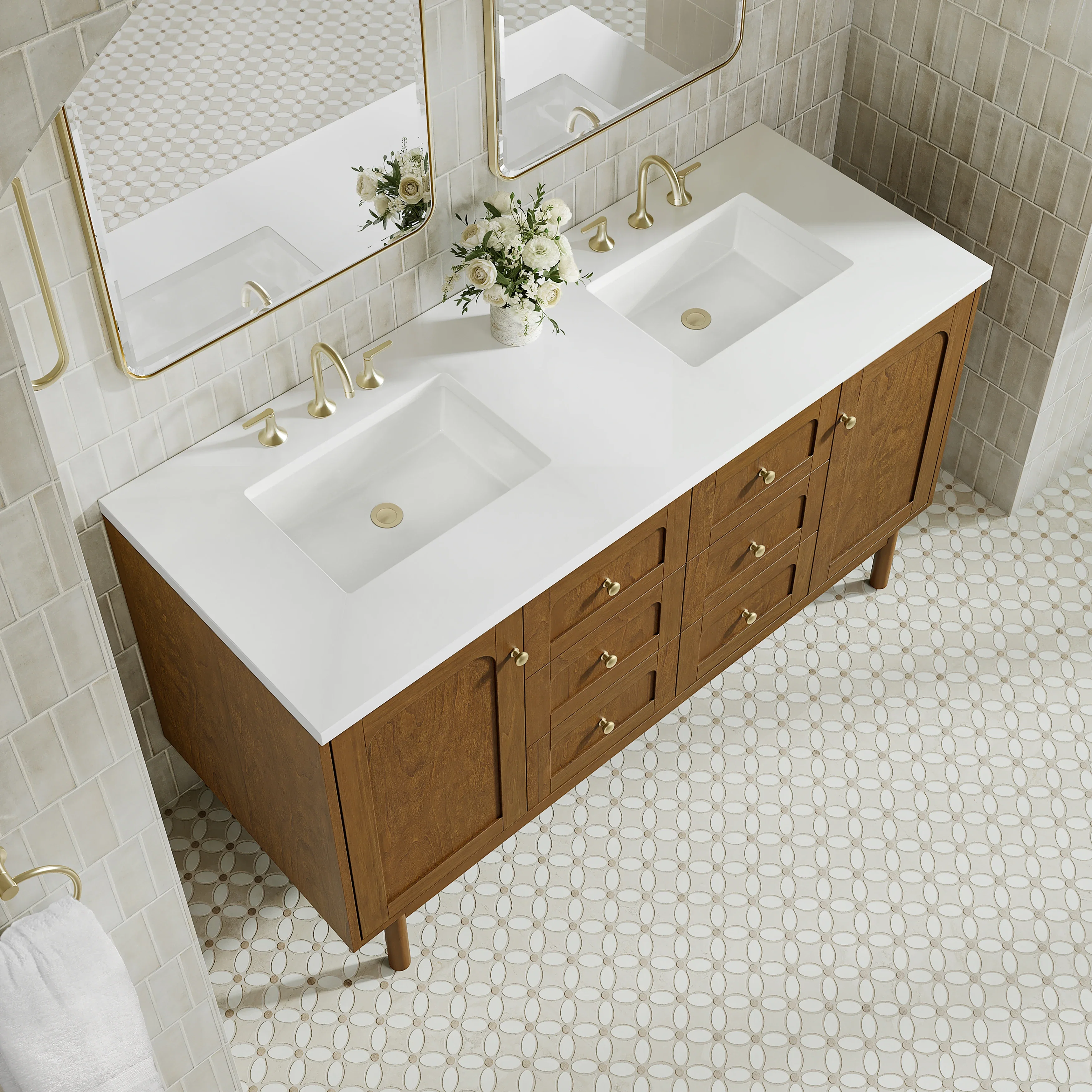 Laurent 60" Double Vanity, Honey Oak w/ 3 CM White Zeus Silestone Top