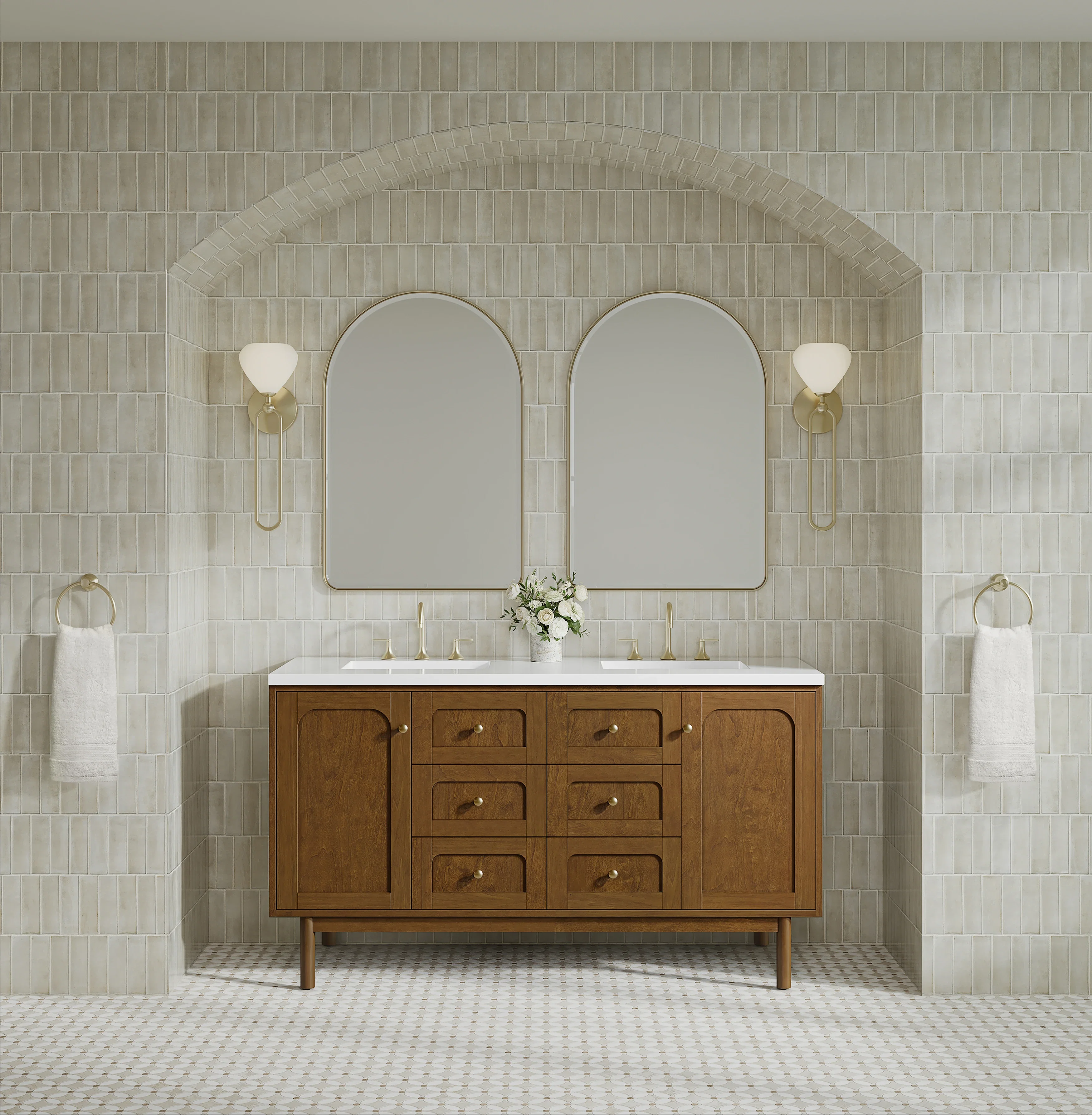 Laurent 60" Double Vanity, Honey Oak w/ 3 CM White Zeus Silestone Top