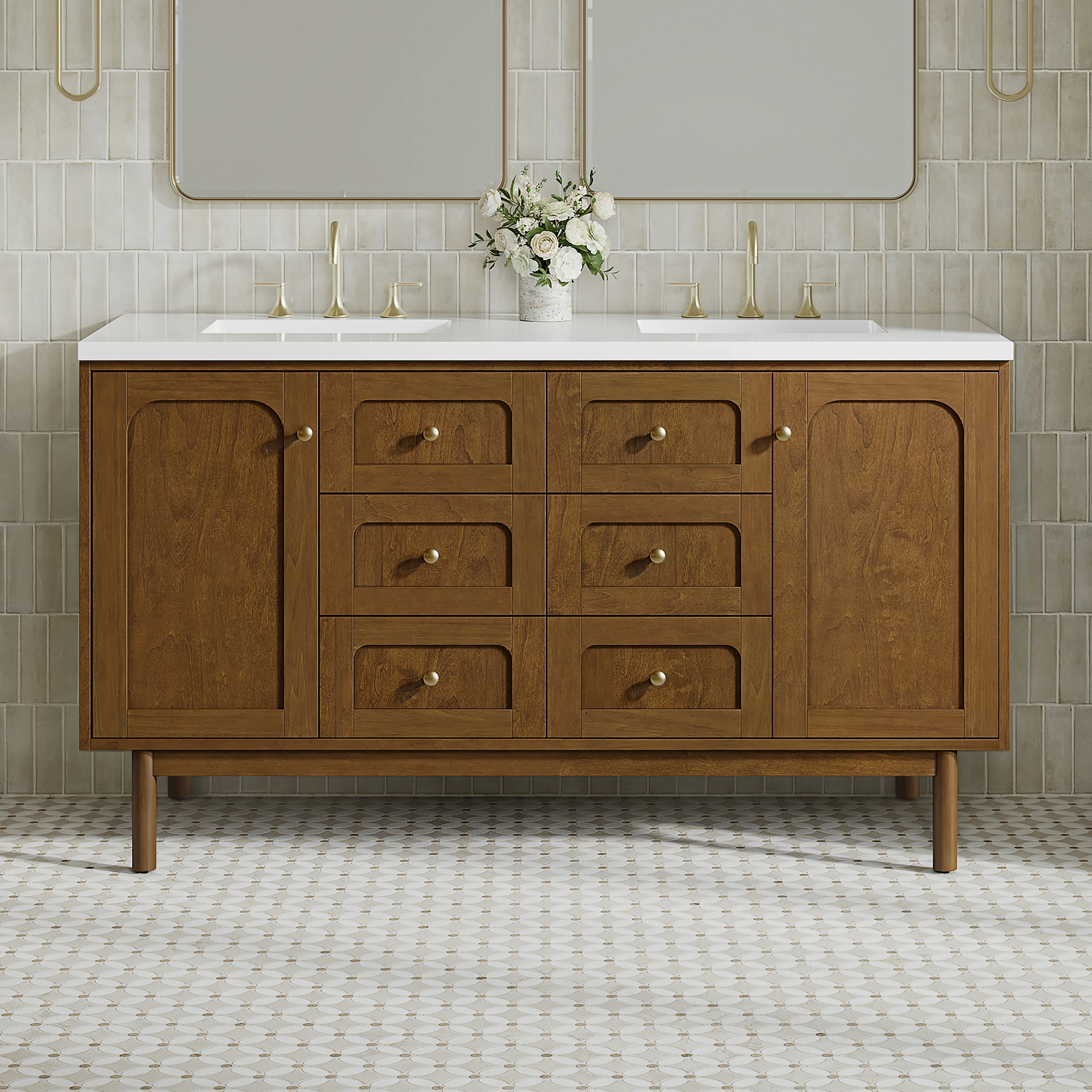 Laurent 60" Double Vanity, Honey Oak w/ 3 CM White Zeus Silestone Top