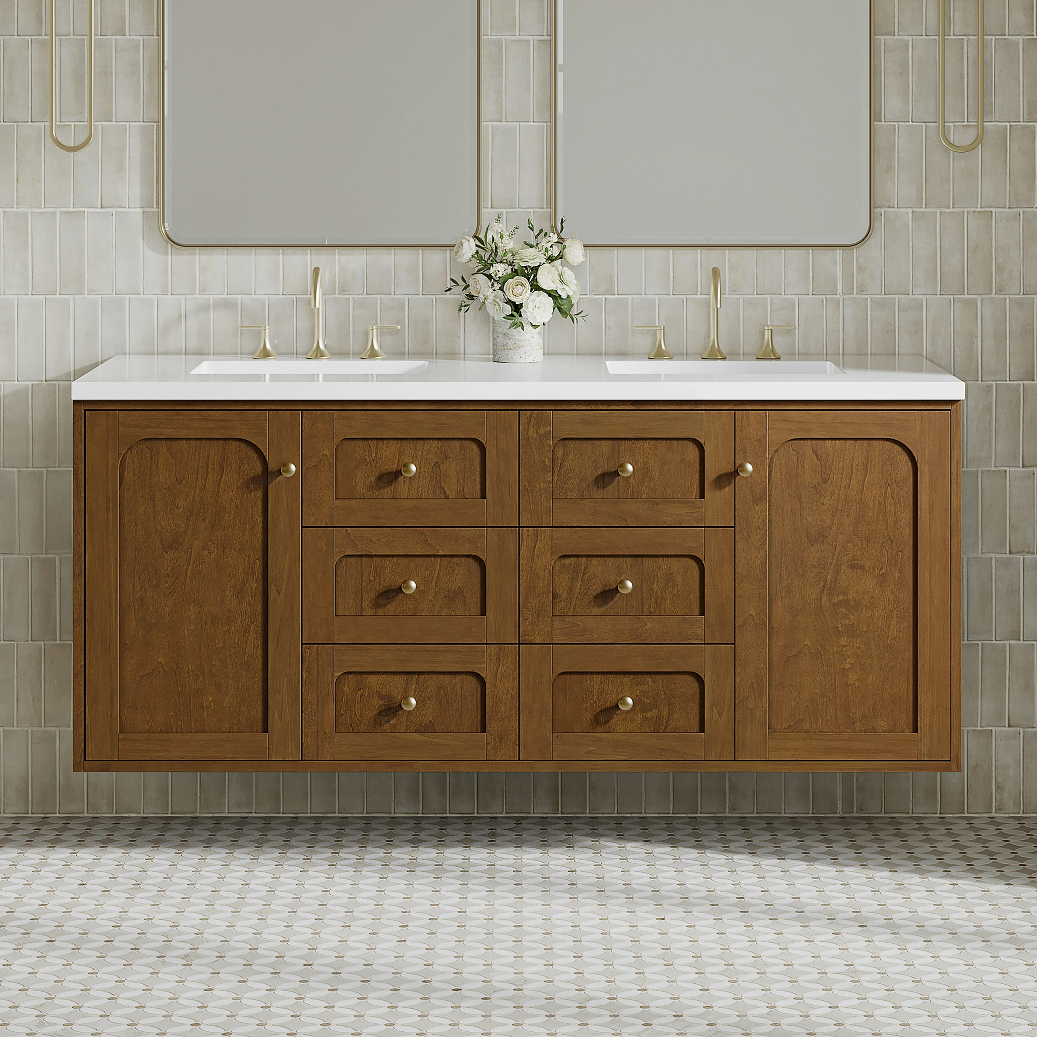 Laurent 60" Double Vanity, Honey Oak w/ 3 CM White Zeus Silestone Top