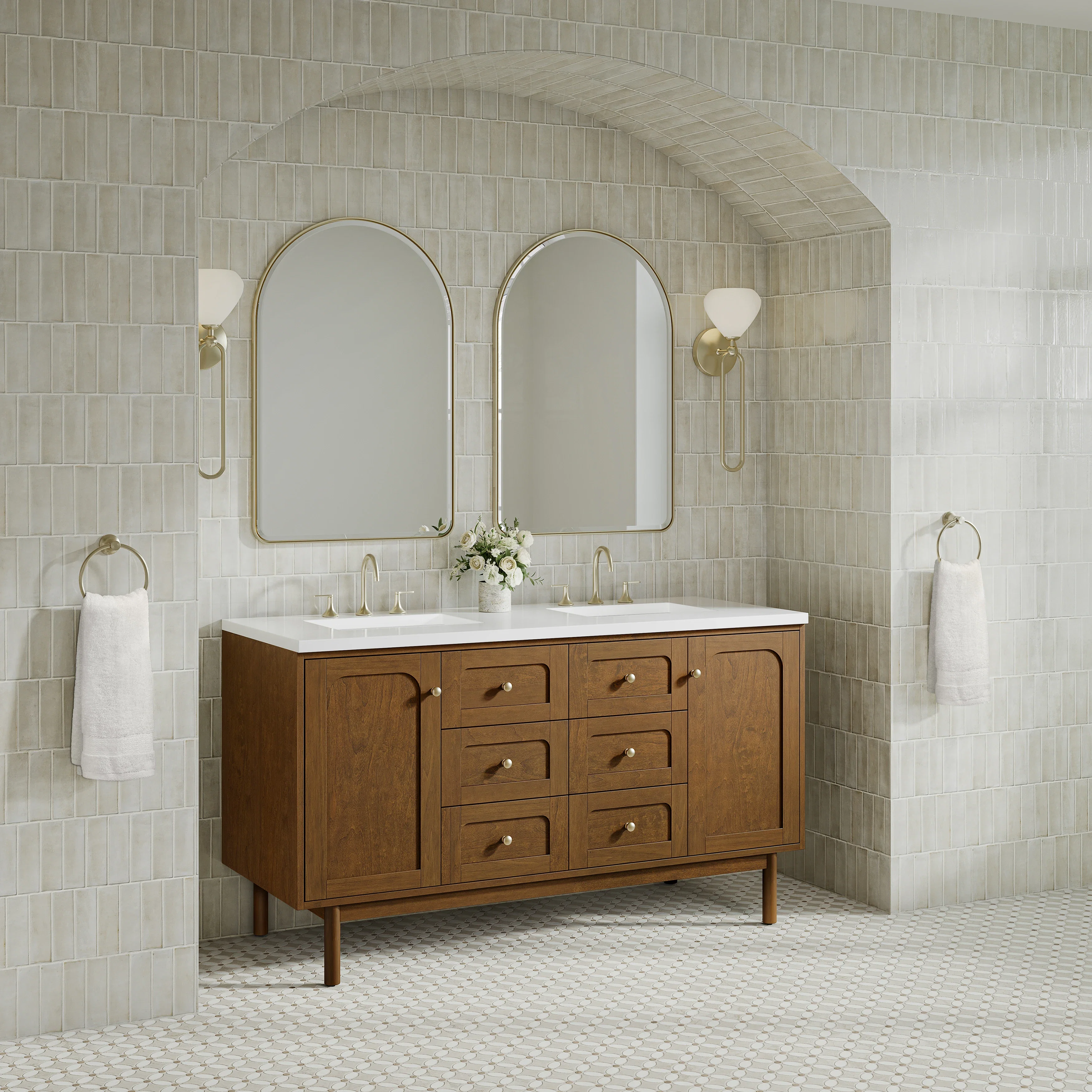 Laurent 60" Double Vanity, Honey Oak w/ 3 CM White Zeus Silestone Top