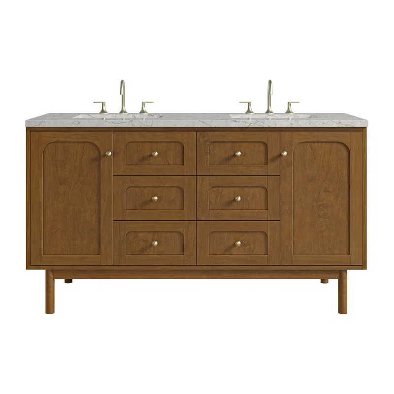 Laurent 60" Double Vanity, Honey Oak w/ 3 CM Eternal Jasmine Pearl Silestone Top w/FreePower Wireless Charger