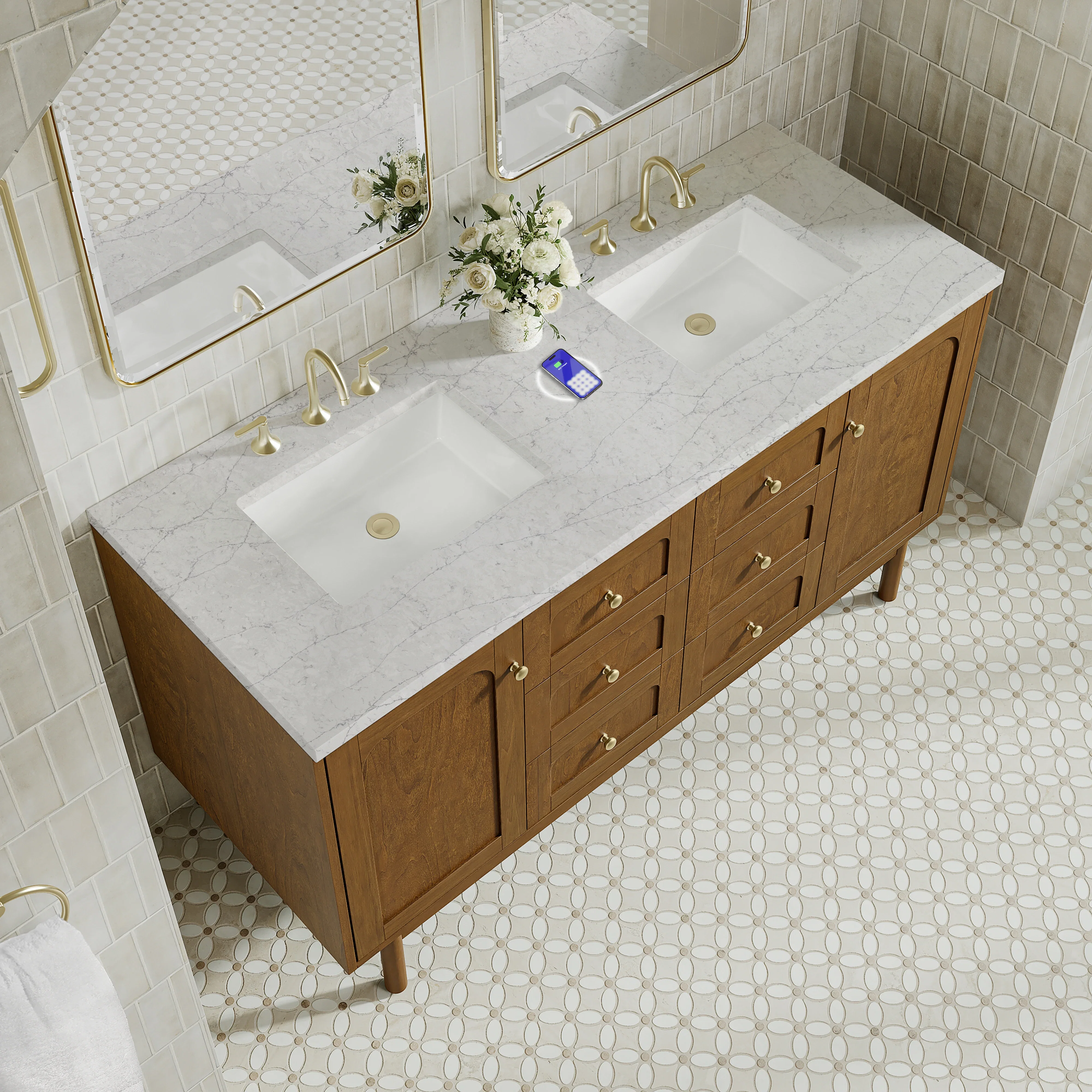 Laurent 60" Double Vanity, Honey Oak w/ 3 CM Eternal Jasmine Pearl Silestone Top w/FreePower Wireless Charger