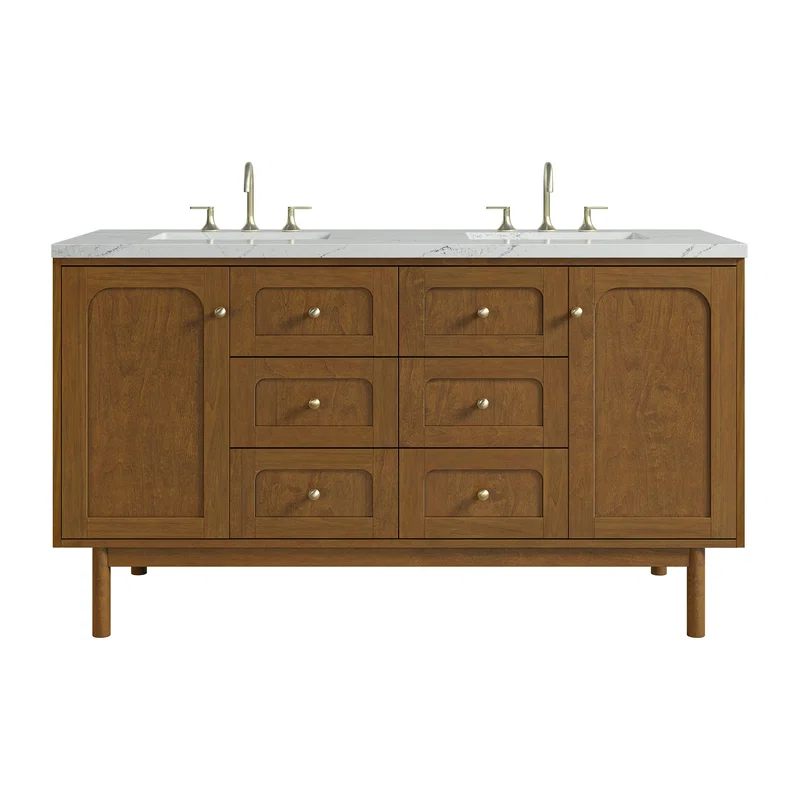 Laurent 60" Double Vanity, Honey Oak w/ 3 CM Ethereal Noctis Silestone Top w/FreePower Wireless Charger
