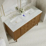 Laurent 60" Double Vanity, Honey Oak w/ 3 CM Ethereal Noctis Silestone Top w/FreePower Wireless Charger