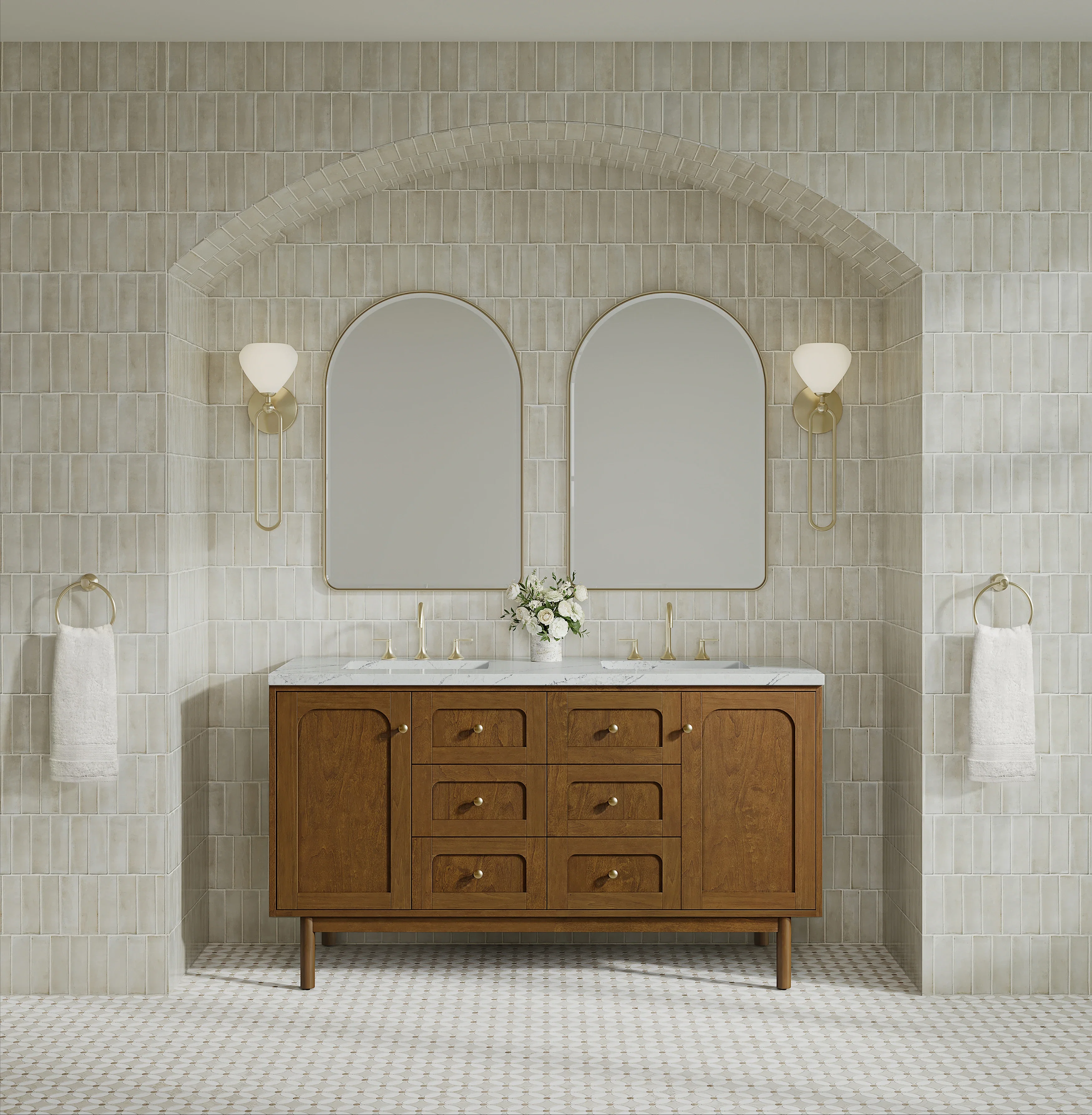 Laurent 60" Double Vanity, Honey Oak w/ 3 CM Ethereal Noctis Silestone Top w/FreePower Wireless Charger