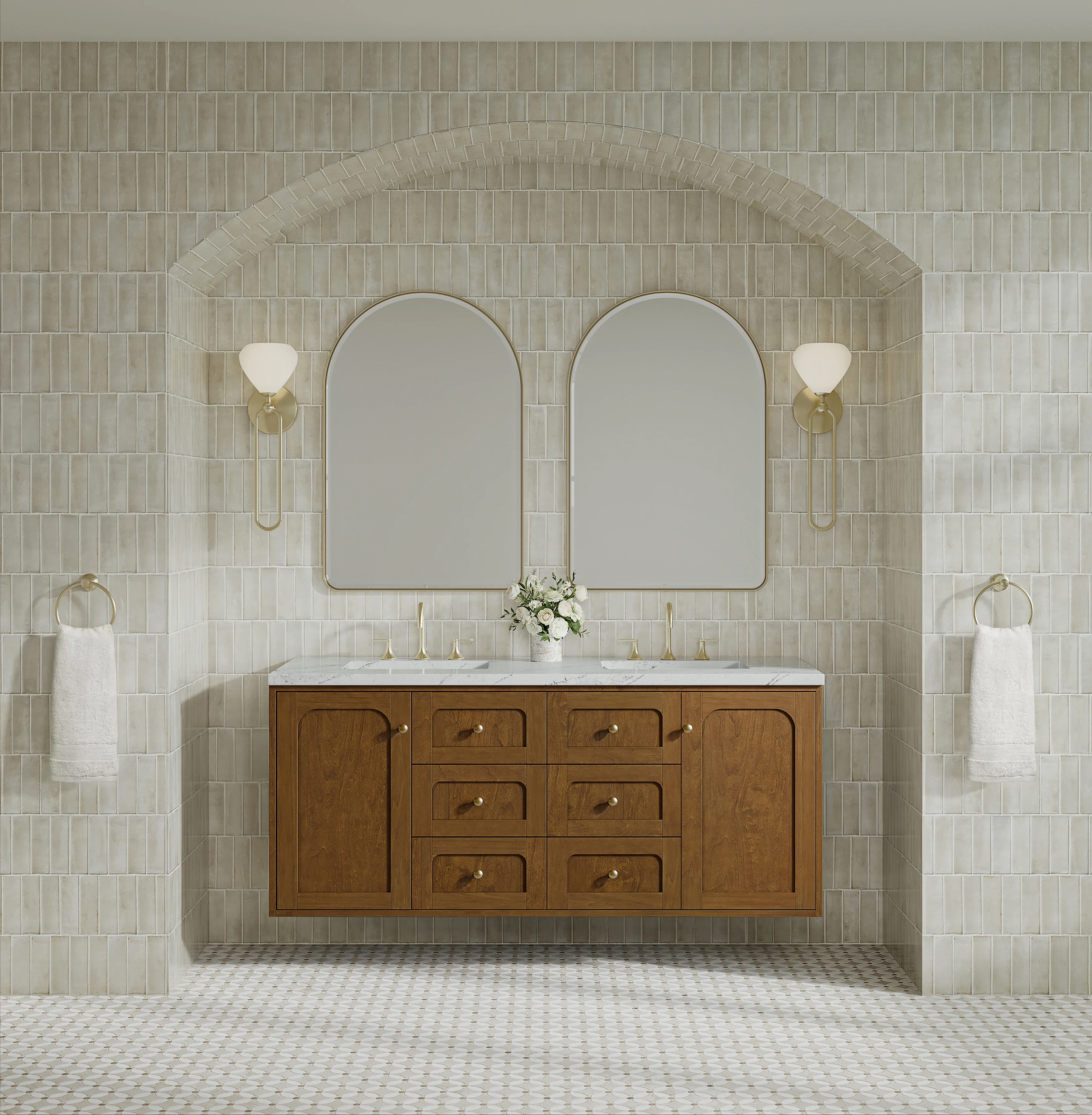 Laurent 60" Double Vanity, Honey Oak w/ 3 CM Ethereal Noctis Silestone Top w/FreePower Wireless Charger