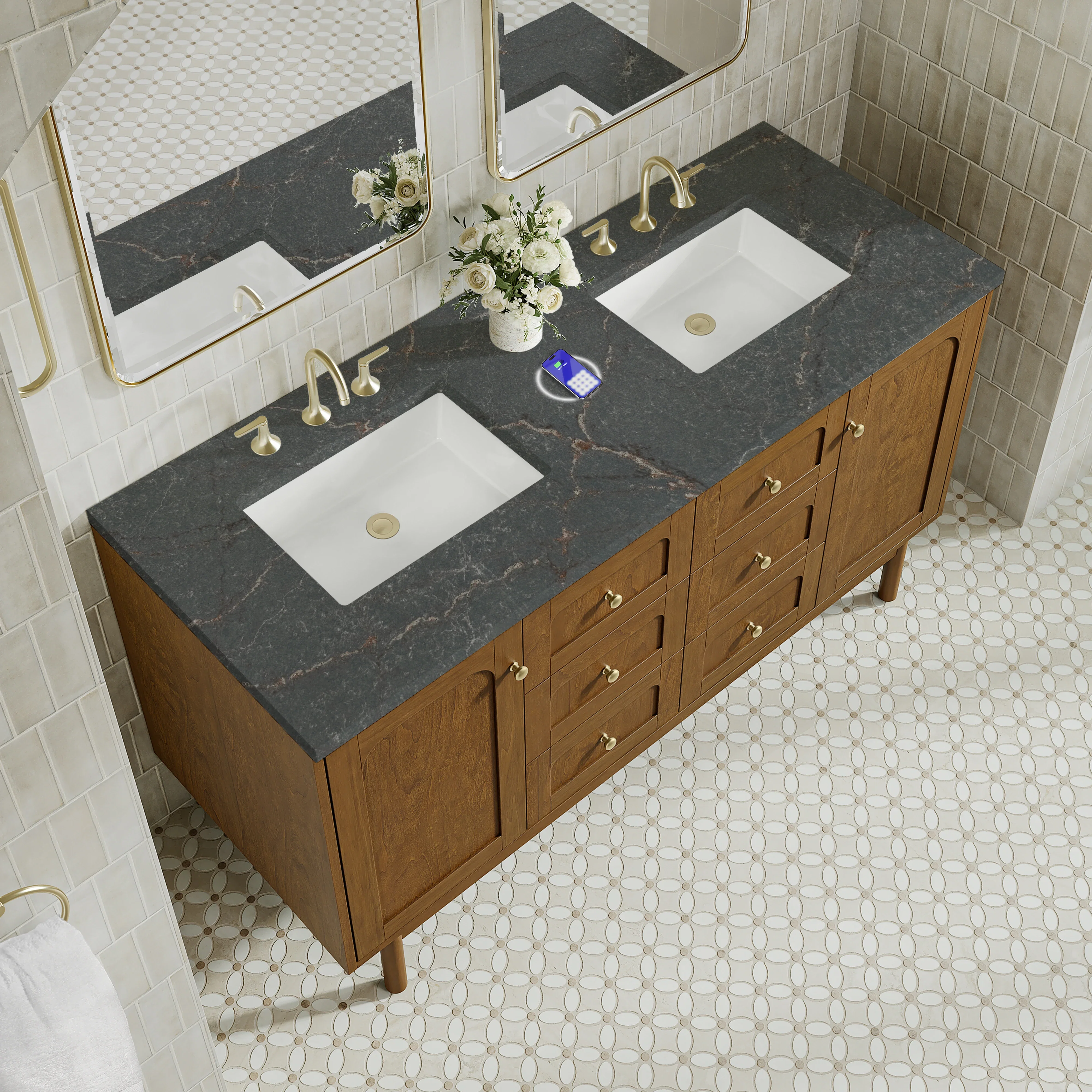 Laurent 60" Double Vanity, Honey Oak w/ 3 CM Parisien Bleu Silestone Top w/FreePower Wireless Charger