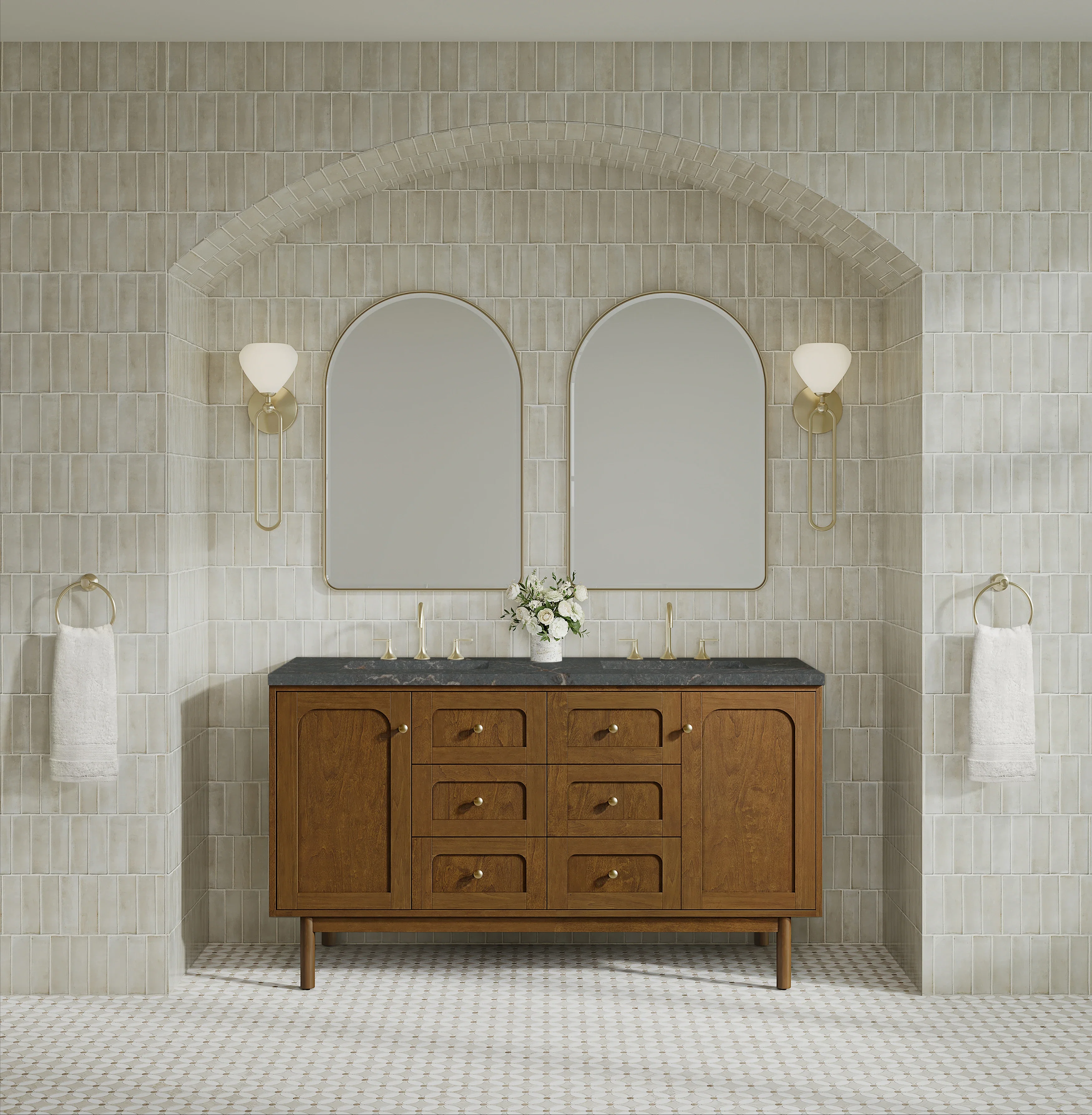 Laurent 60" Double Vanity, Honey Oak w/ 3 CM Parisien Bleu Silestone Top w/FreePower Wireless Charger