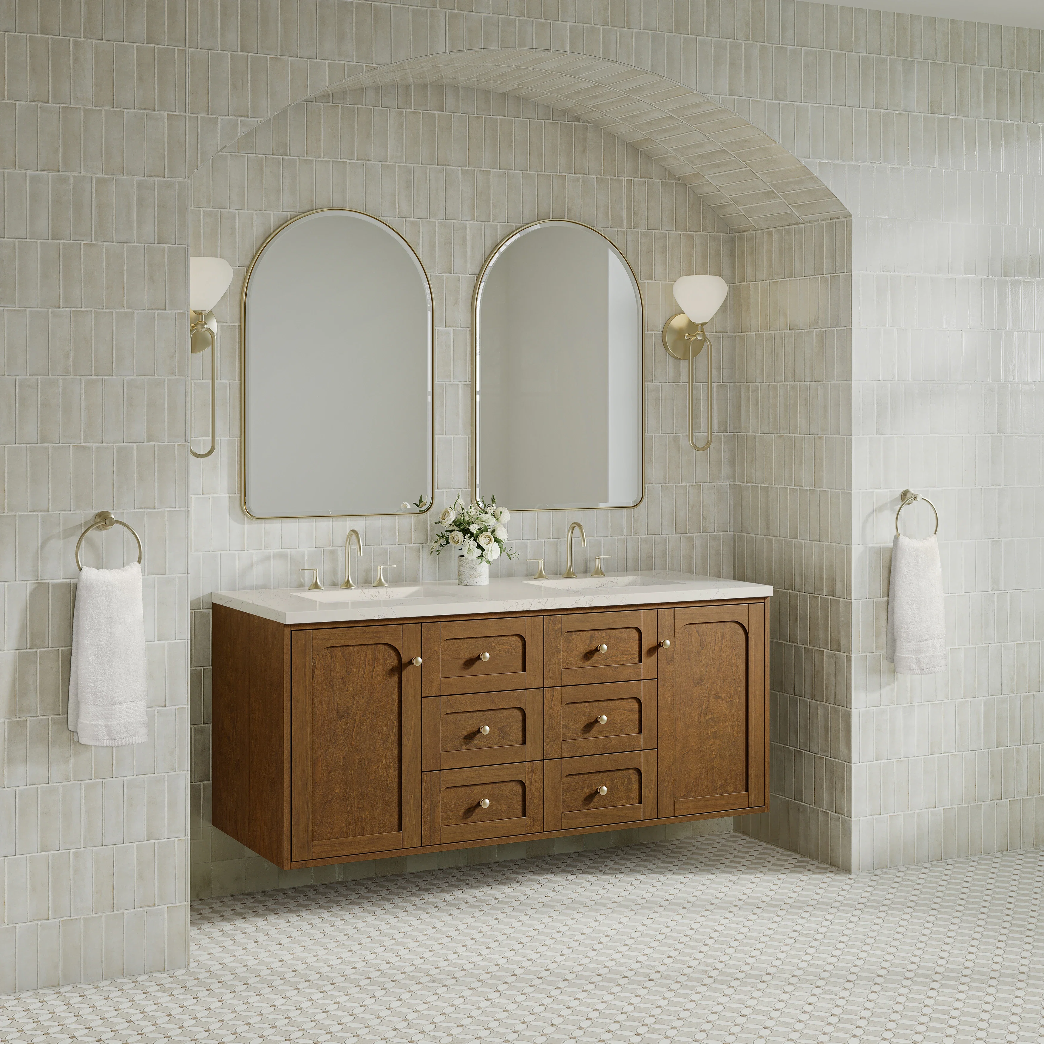 Laurent 60" Double Vanity, Honey Oak w/ 3 CM Siberian Silestone Top w/FreePower Wireless Charger
