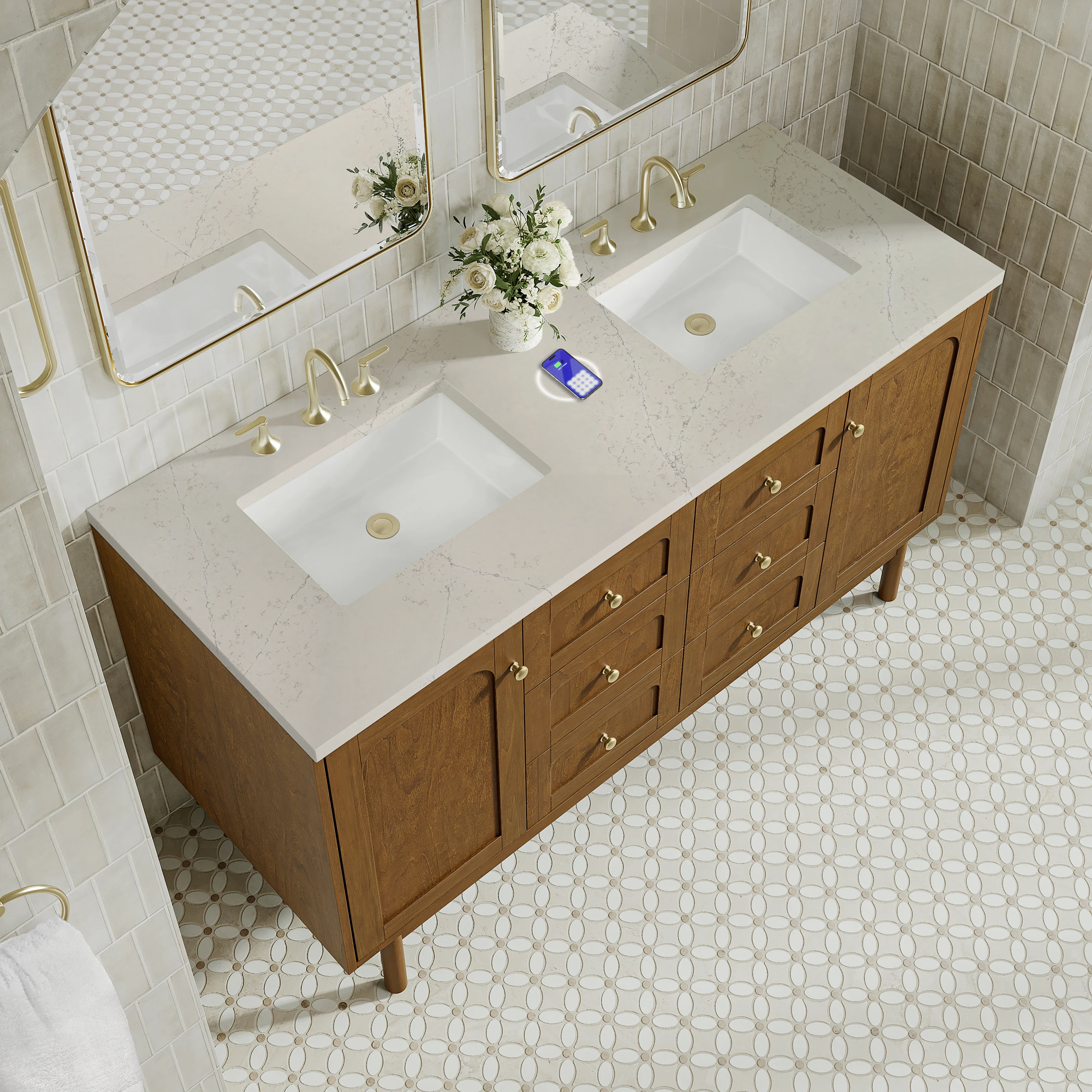 Laurent 60" Double Vanity, Honey Oak w/ 3 CM Siberian Silestone Top w/FreePower Wireless Charger