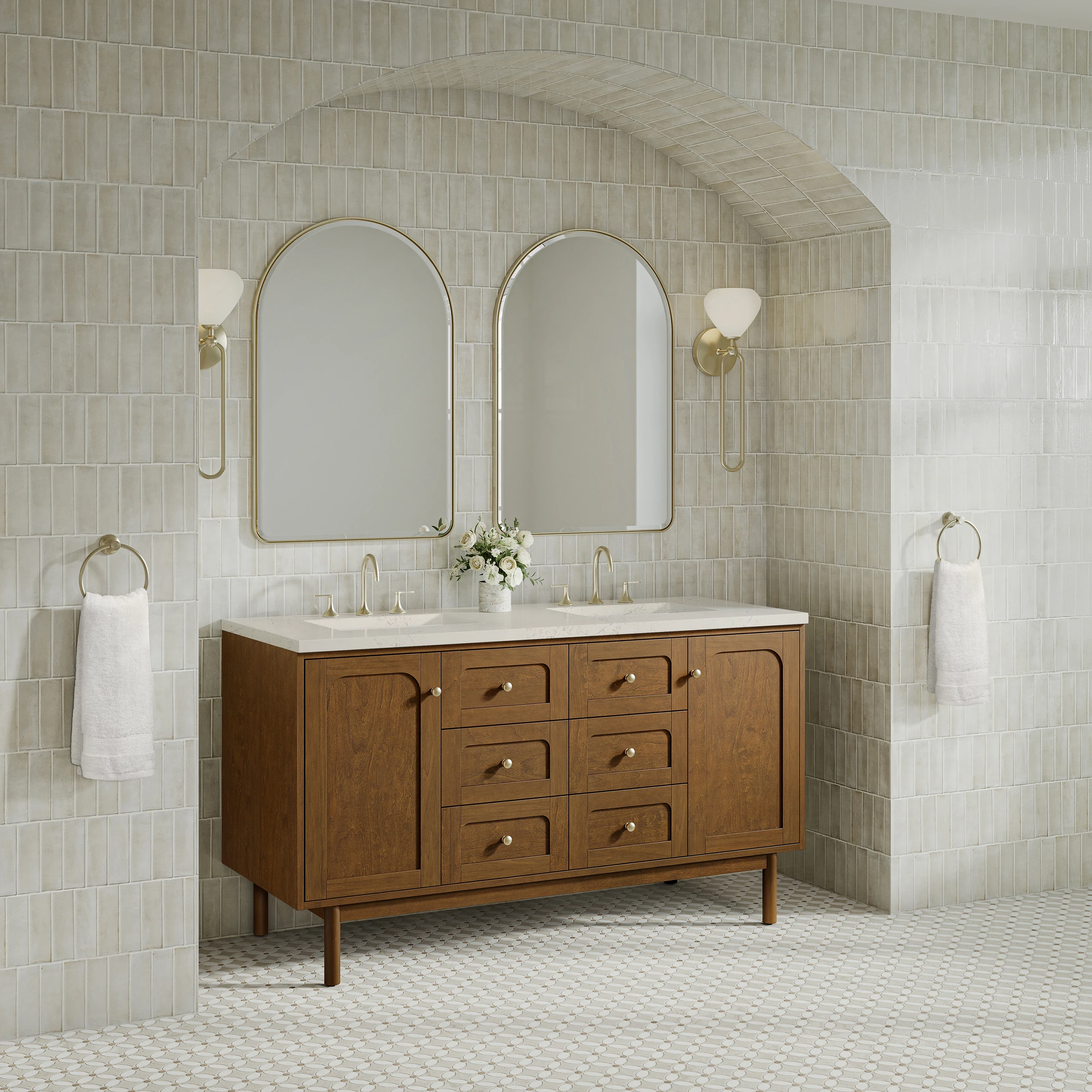 Laurent 60" Double Vanity, Honey Oak w/ 3 CM Siberian Silestone Top w/FreePower Wireless Charger