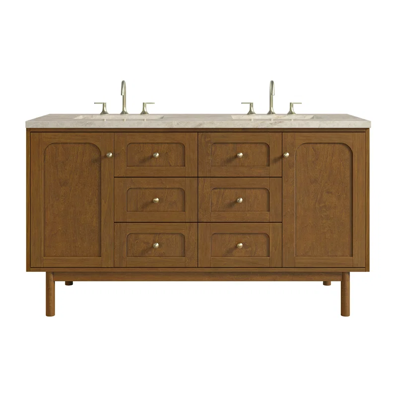 Laurent 60" Double Vanity, Honey Oak w/ 3 CM Tajnar Eclos Top w/FreePower Wireless Charger