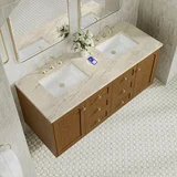 Laurent 60" Double Vanity, Honey Oak w/ 3 CM Tajnar Eclos Top w/FreePower Wireless Charger