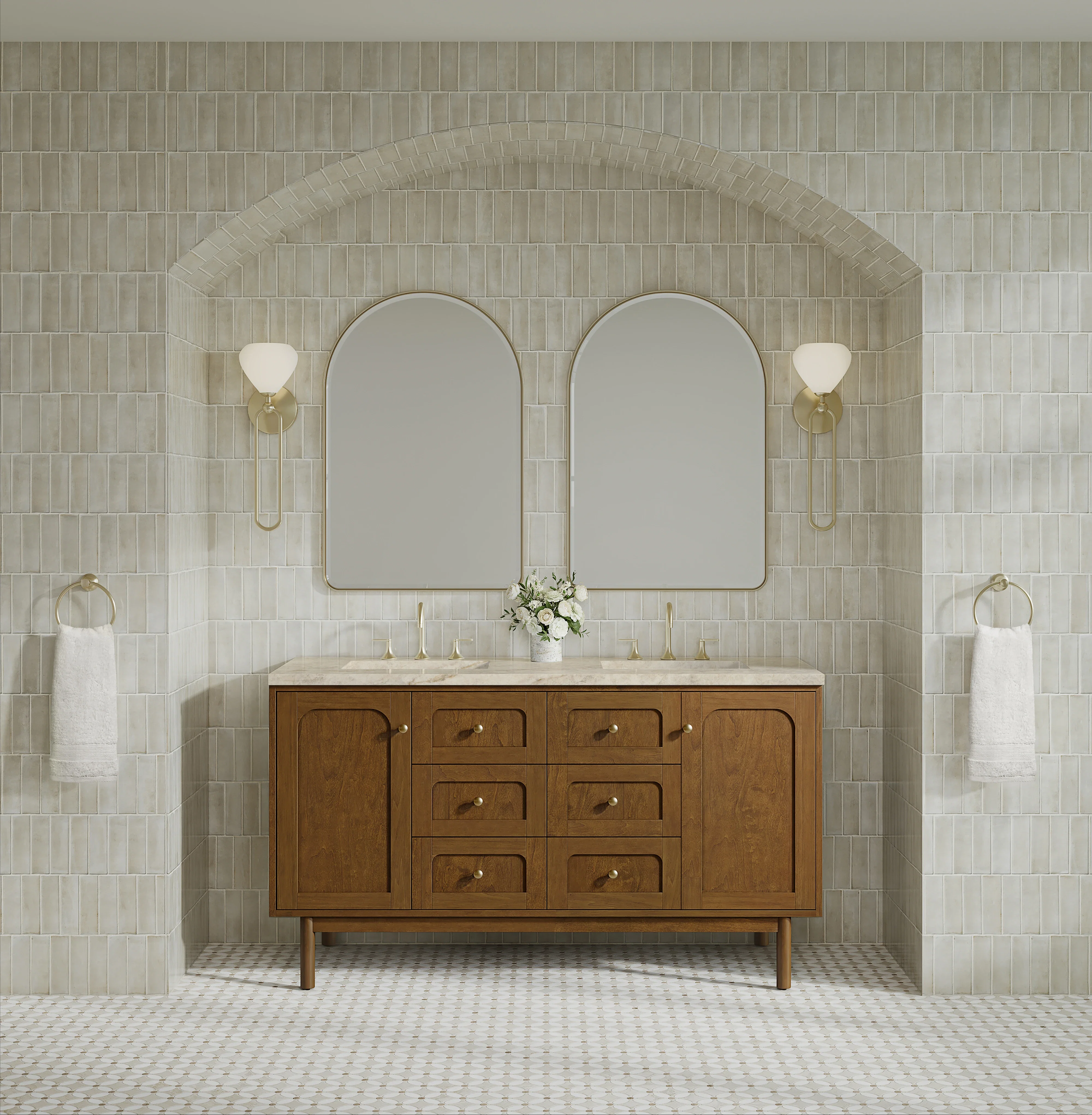 Laurent 60" Double Vanity, Honey Oak w/ 3 CM Tajnar Eclos Top w/FreePower Wireless Charger
