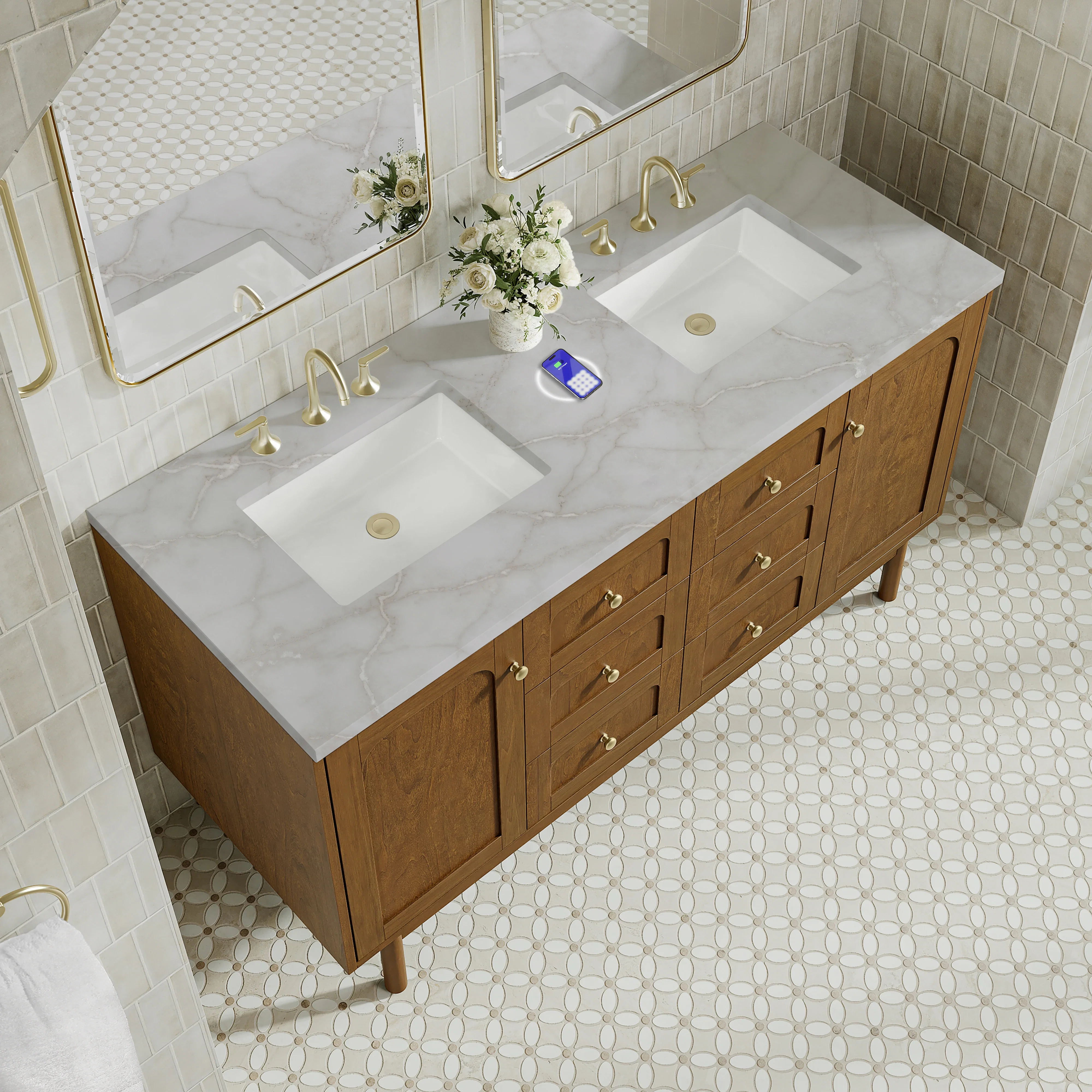 Laurent 60" Double Vanity, Honey Oak w/ 3 CM Victorian Silver Silestone Top w/FreePower Wireless Charger