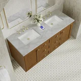 Laurent 60" Double Vanity, Honey Oak w/ 3 CM Victorian Silver Silestone Top w/FreePower Wireless Charger