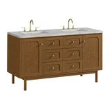 Laurent 60" Double Vanity, Honey Oak w/ 3 CM Victorian Silver Silestone Top w/FreePower Wireless Charger