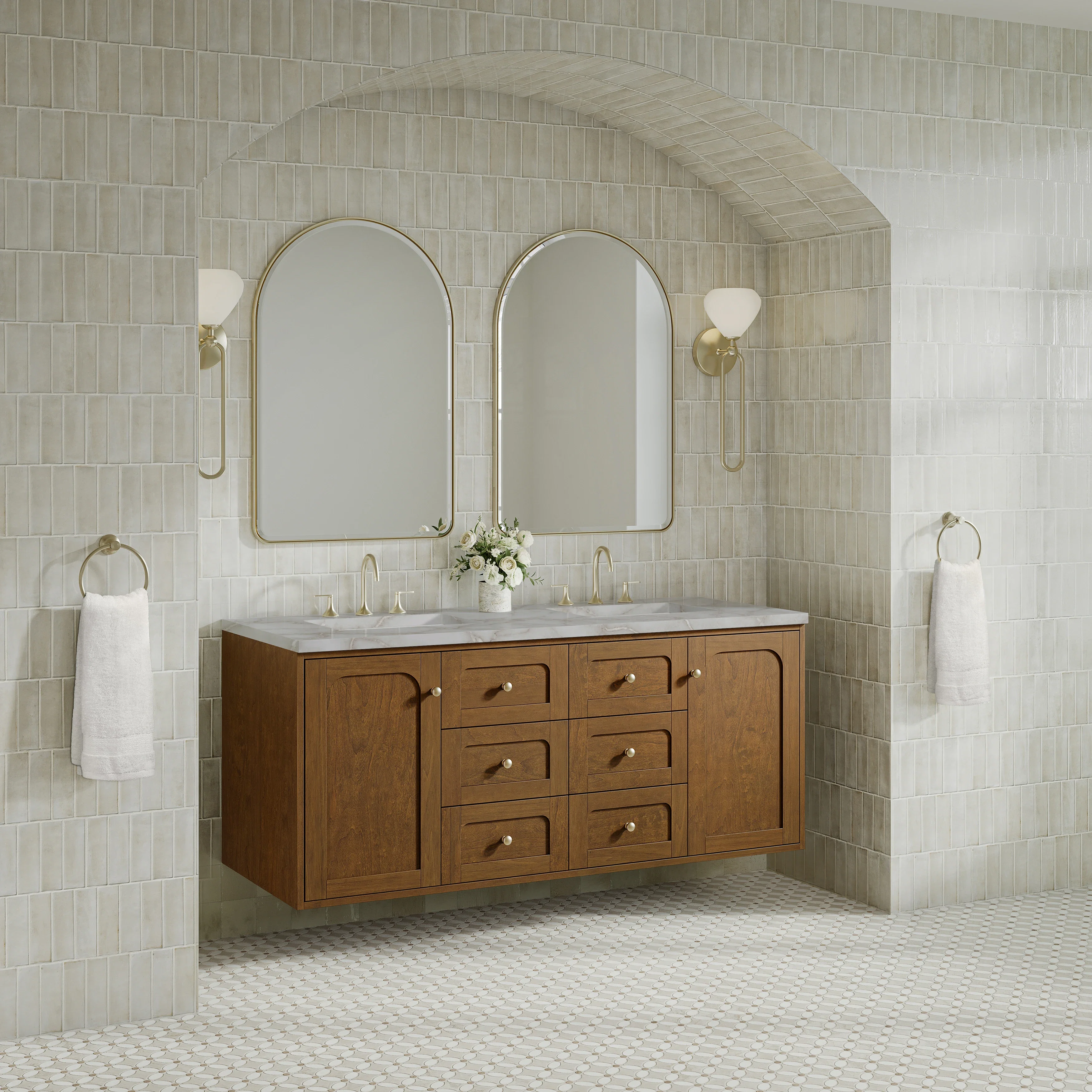 Laurent 60" Double Vanity, Honey Oak w/ 3 CM Victorian Silver Silestone Top w/FreePower Wireless Charger