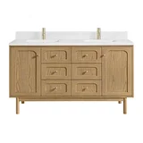 Laurent 60" Double Vanity, Light Natural Oak, w/ Single Hole 3 CM White Zeus Quartz Top & Backsplash