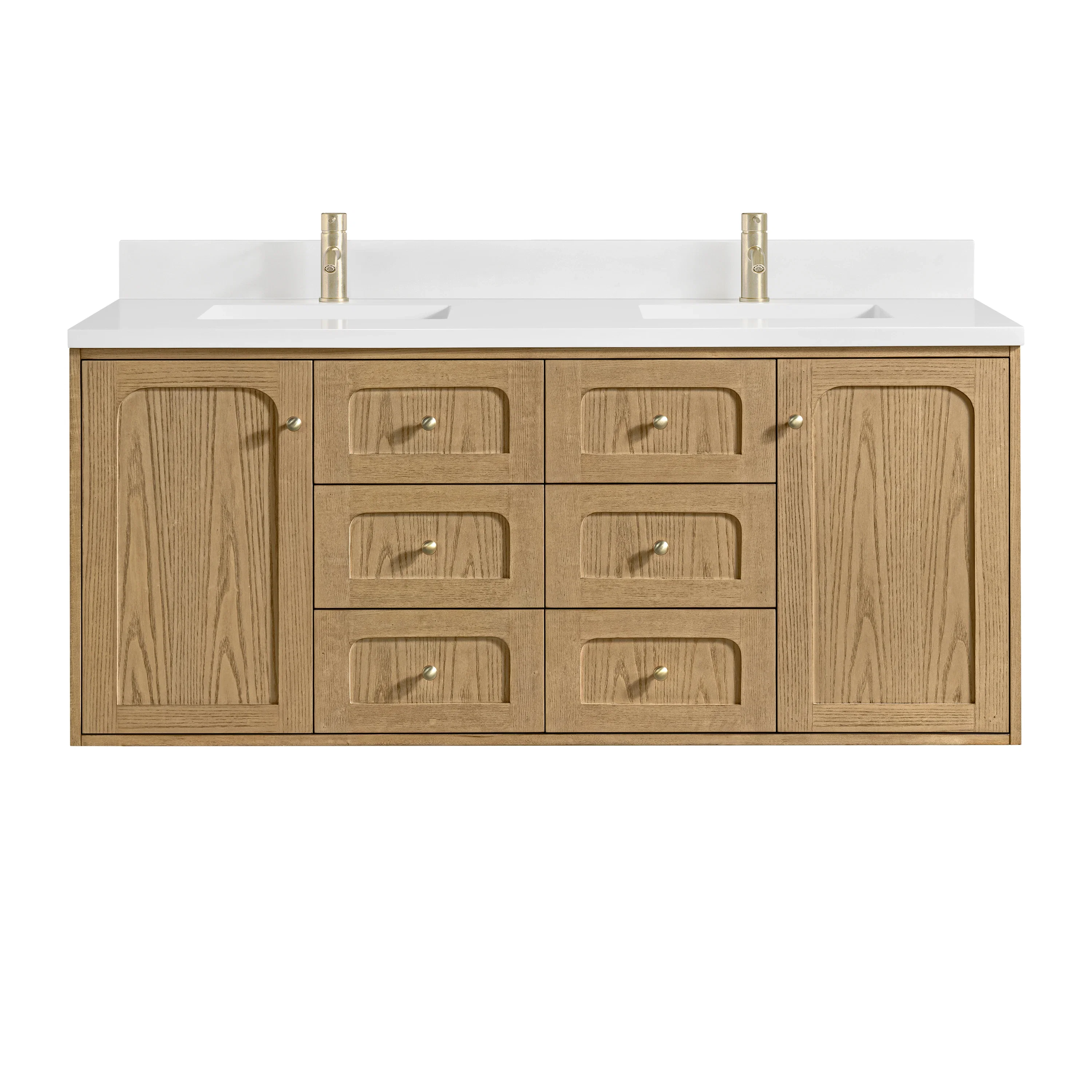 Laurent 60" Double Vanity, Light Natural Oak, w/ Single Hole 3 CM White Zeus Quartz Top & Backsplash