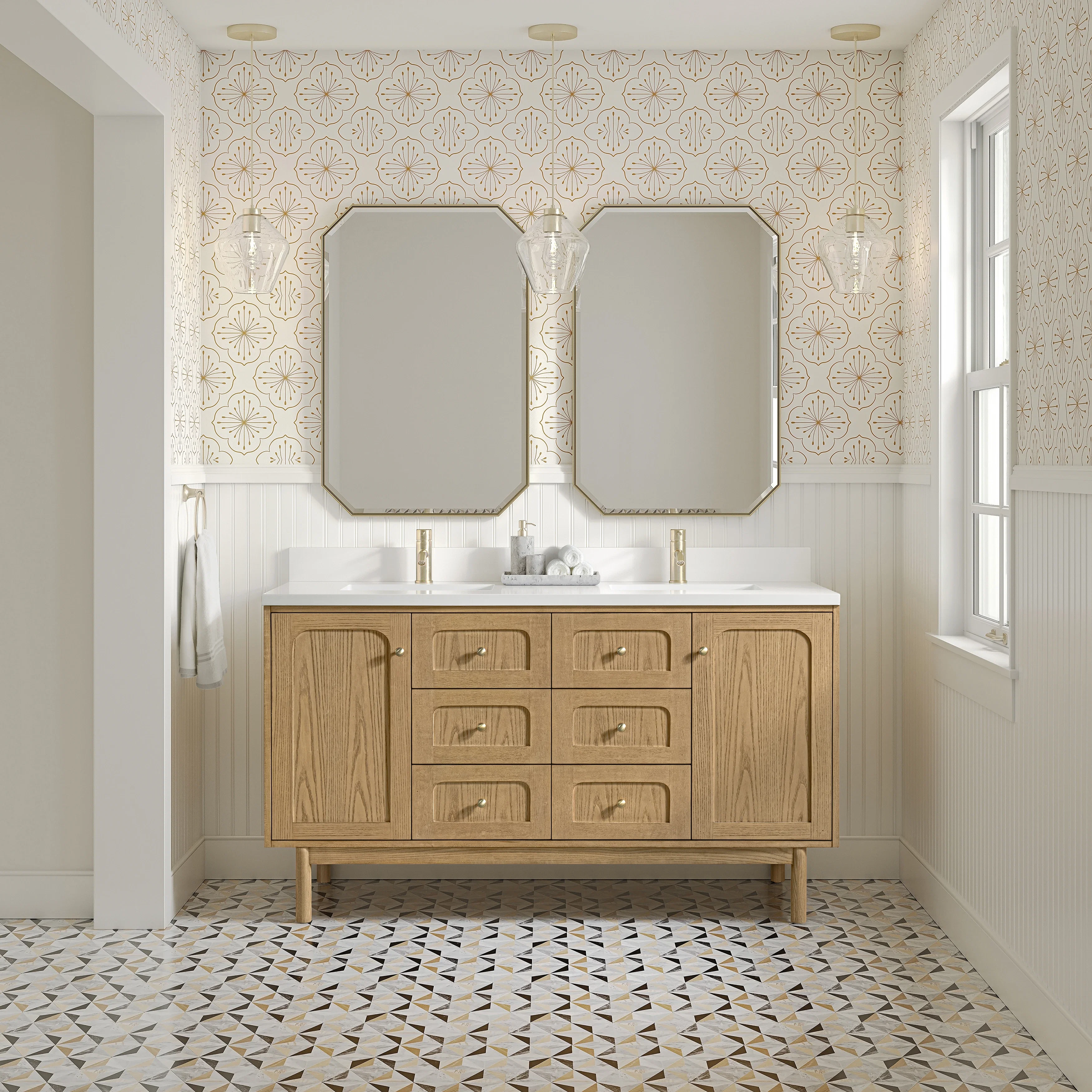 Laurent 60" Double Vanity, Light Natural Oak, w/ Single Hole 3 CM White Zeus Quartz Top & Backsplash
