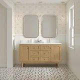 Laurent 60" Double Vanity, Light Natural Oak, w/ Single Hole 3 CM White Zeus Quartz Top & Backsplash