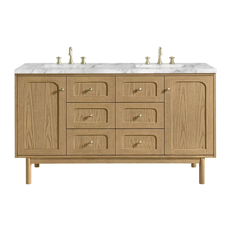 Laurent 60" Double Vanity, Light Natural Oak, w/ 3 CM Carrara Marble Top