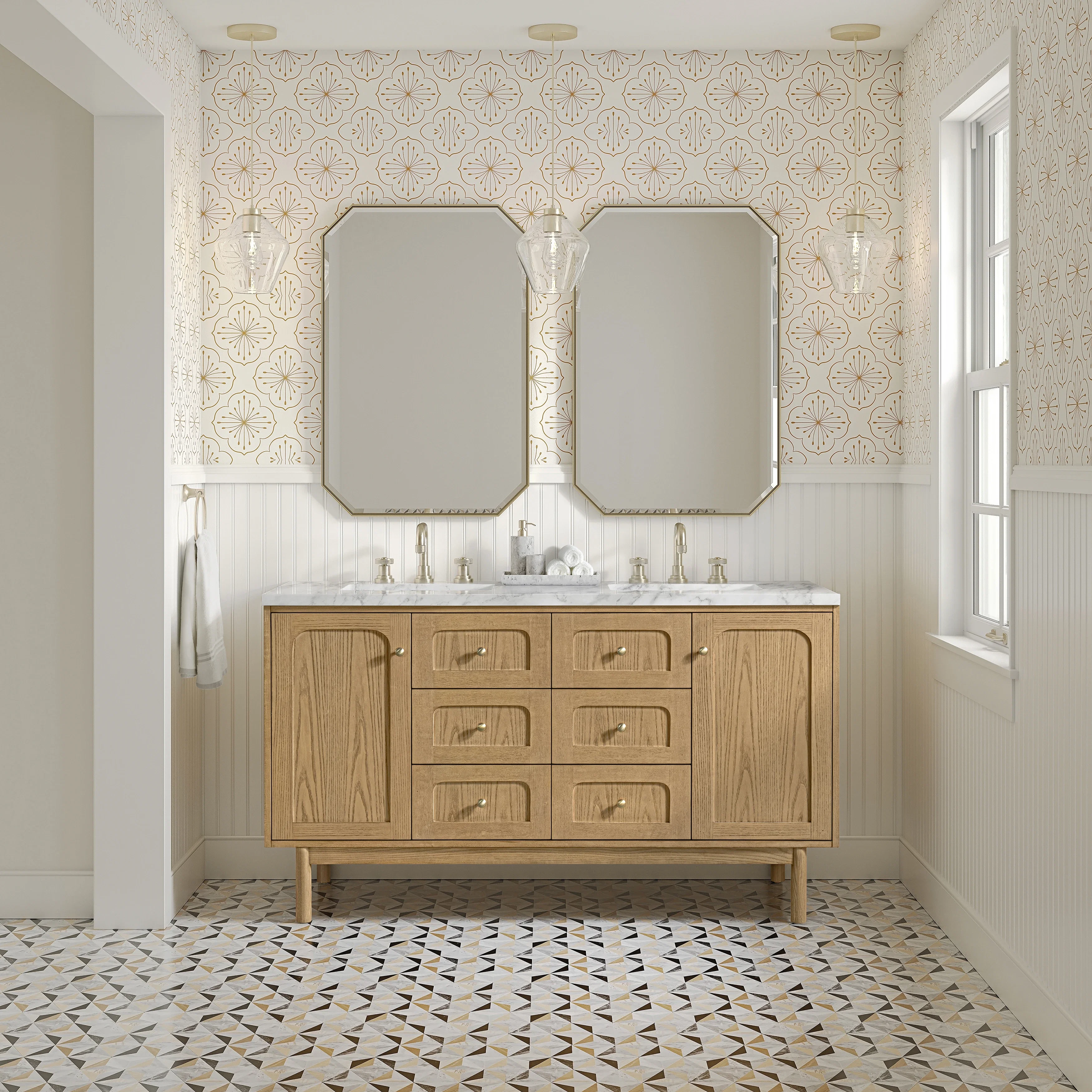 Laurent 60" Double Vanity, Light Natural Oak, w/ 3 CM Carrara Marble Top