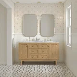 Laurent 60" Double Vanity, Light Natural Oak, w/ 3 CM Carrara Marble Top