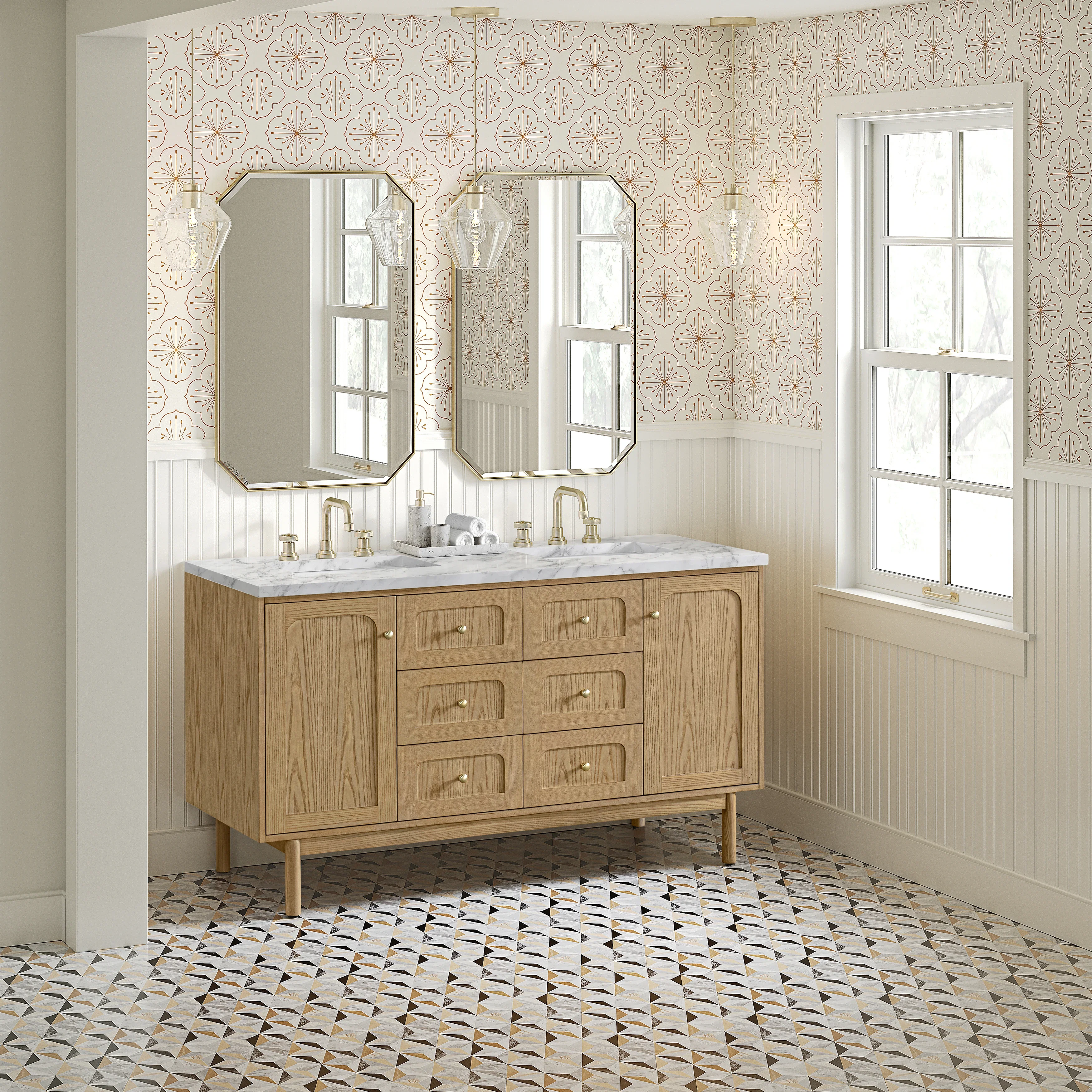 Laurent 60" Double Vanity, Light Natural Oak, w/ 3 CM Carrara Marble Top