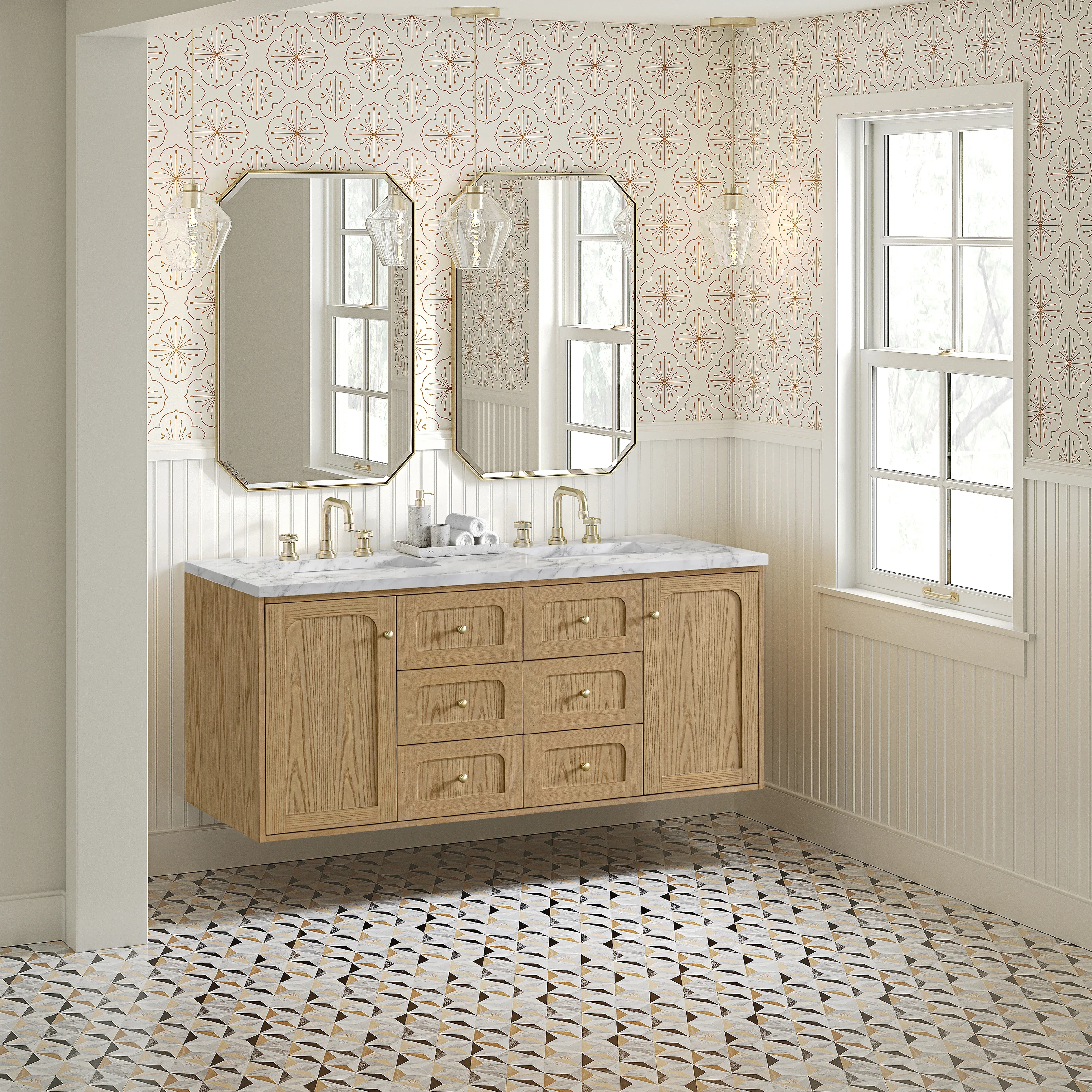 Laurent 60" Double Vanity, Light Natural Oak, w/ 3 CM Carrara Marble Top