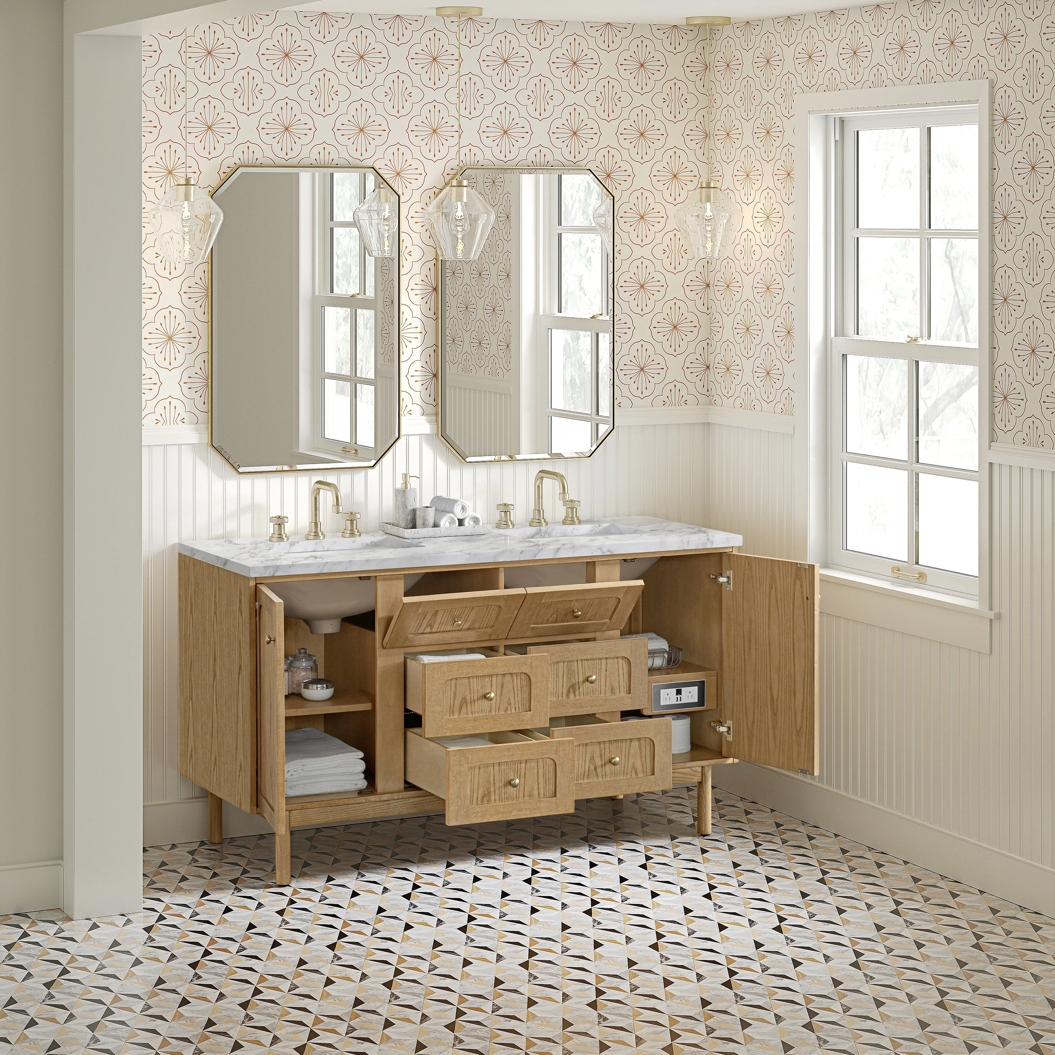 Laurent 60" Double Vanity, Light Natural Oak, w/ 3 CM Carrara Marble Top