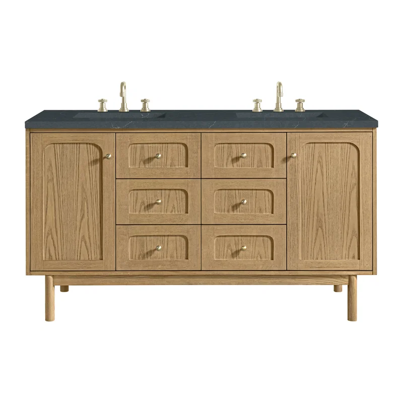 Laurent 60" Double Vanity, Light Natural Oak, w/ 3 CM Charcoal Soapstone Quartz Top