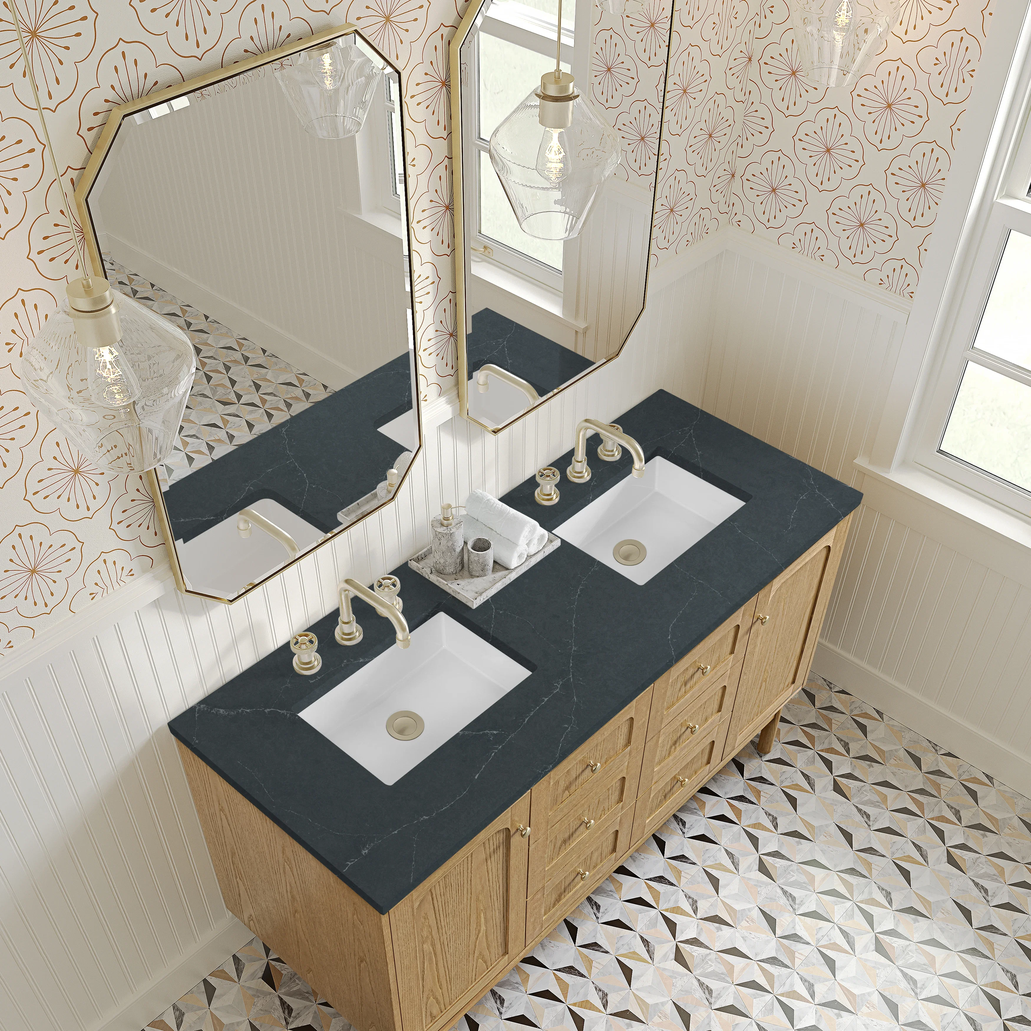 Laurent 60" Double Vanity, Light Natural Oak, w/ 3 CM Charcoal Soapstone Quartz Top