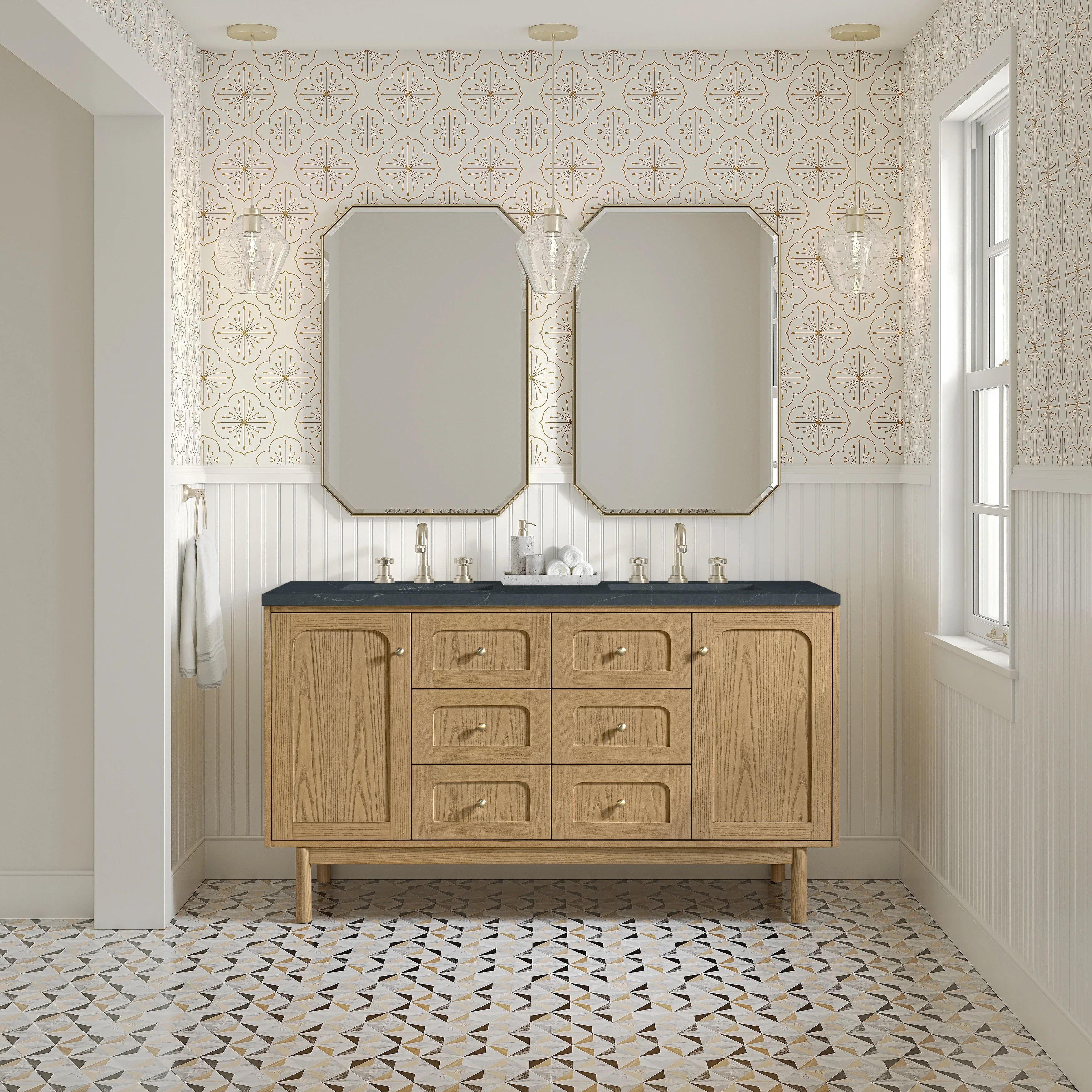 Laurent 60" Double Vanity, Light Natural Oak, w/ 3 CM Charcoal Soapstone Quartz Top
