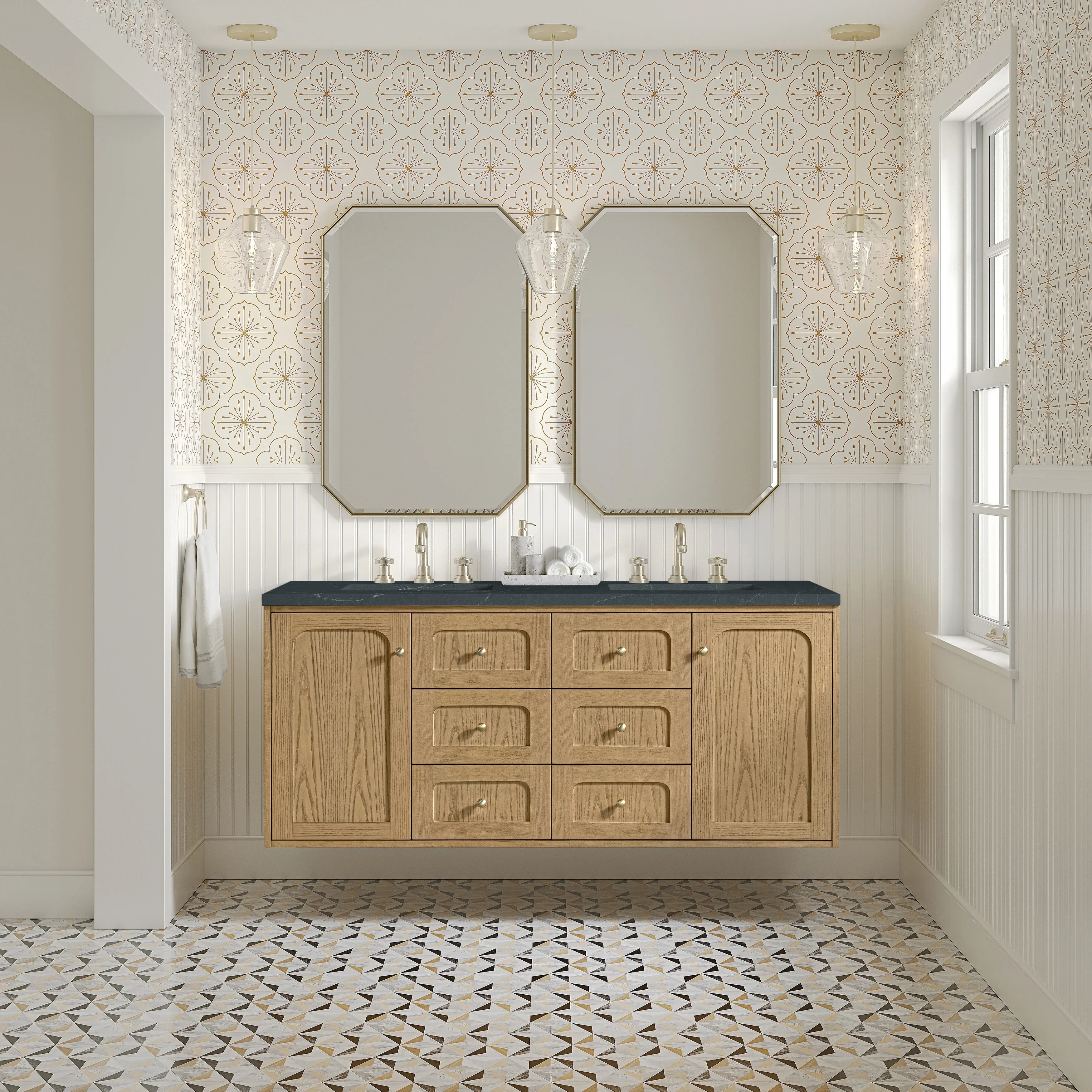 Laurent 60" Double Vanity, Light Natural Oak, w/ 3 CM Charcoal Soapstone Quartz Top