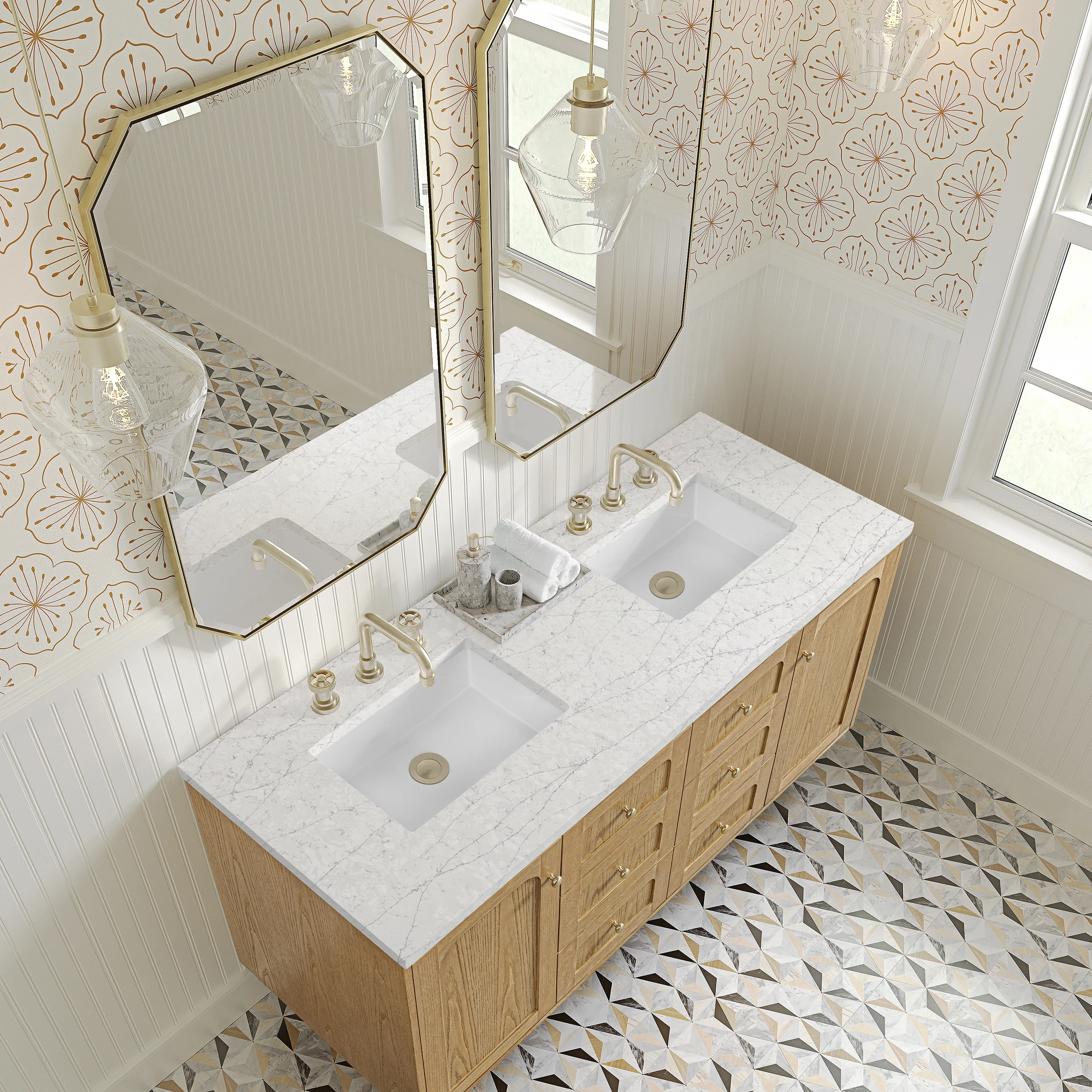 Laurent 60" Double Vanity, Light Natural Oak, w/ 3 CM Eternal Jasmine Pearl Quartz Top
