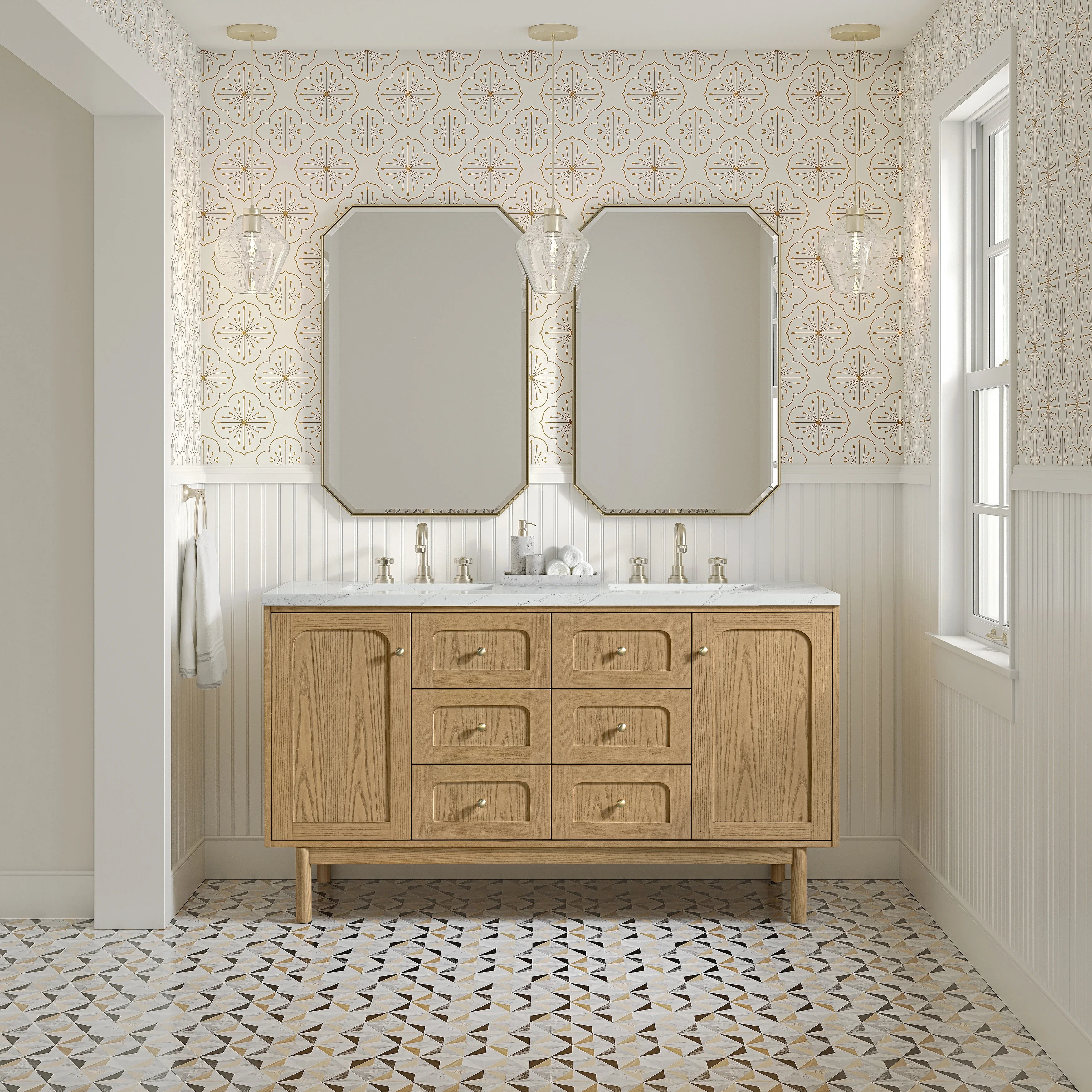 Laurent 60" Double Vanity, Light Natural Oak, w/ 3 CM Ethereal Noctis Quartz Top