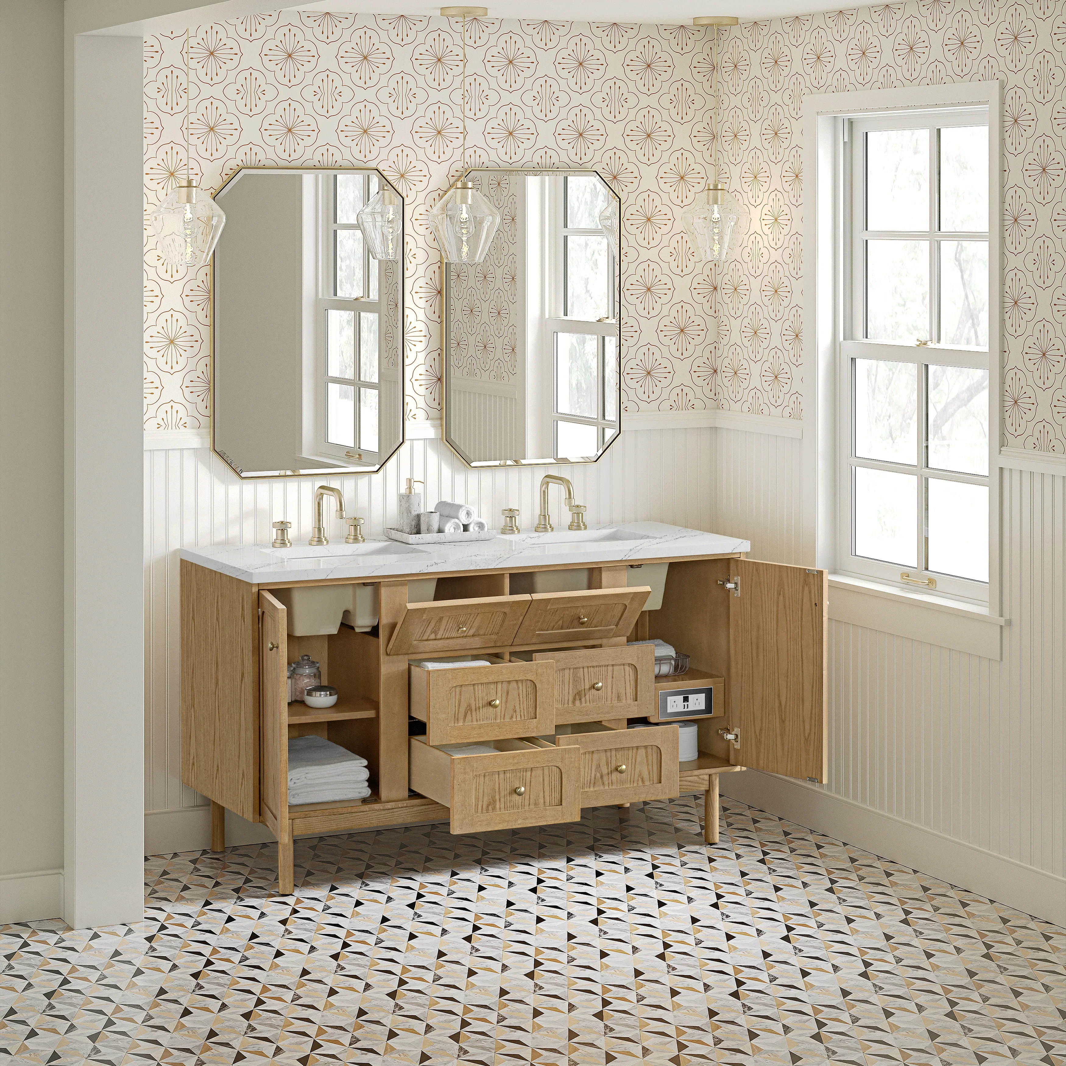Laurent 60" Double Vanity, Light Natural Oak, w/ 3 CM Ethereal Noctis Quartz Top