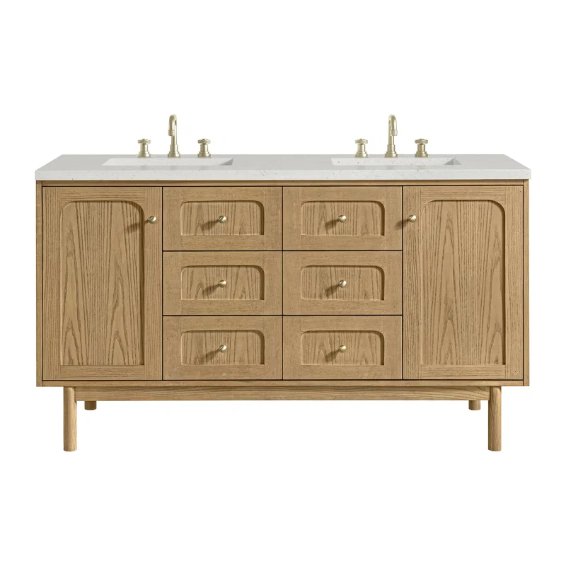 Laurent 60" Double Vanity, Light Natural Oak, w/ 3 CM Lime Delight Quartz Top